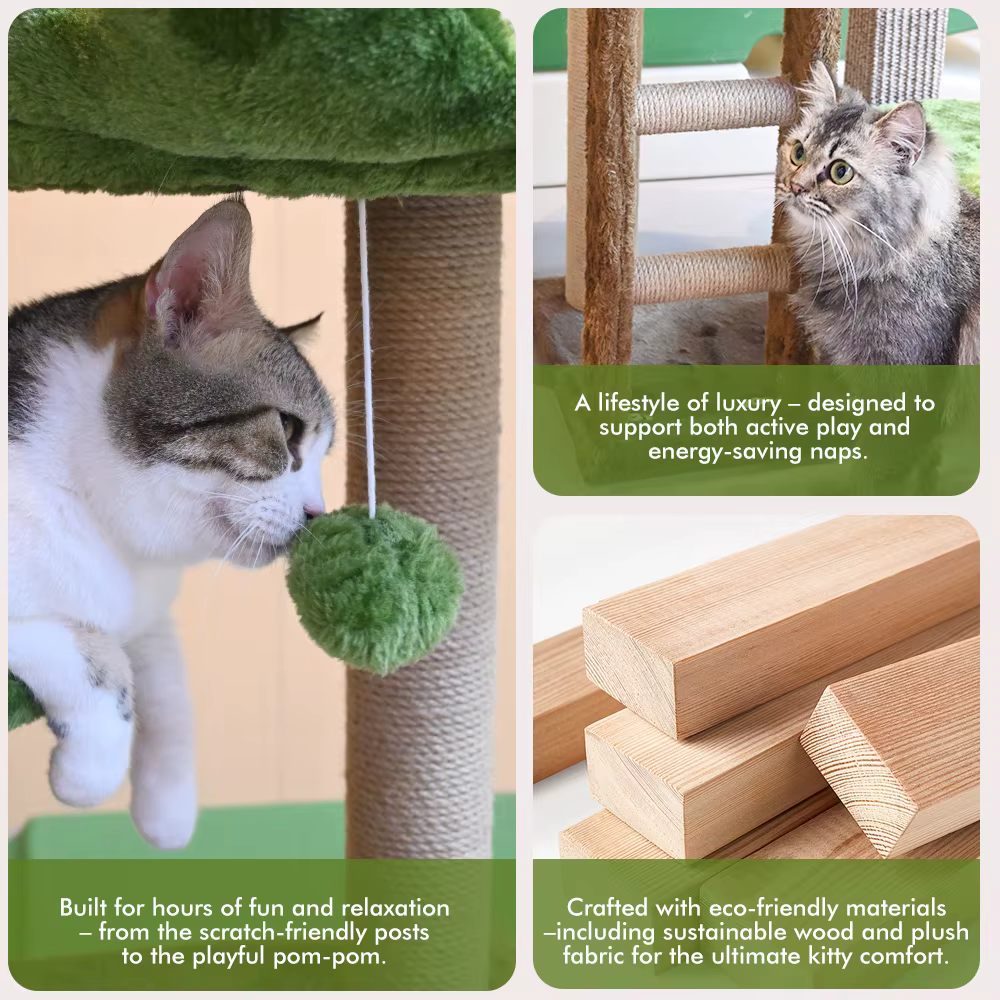Árbol de Gato Mediano: Torre de Gatos de Escaleras Verdes de Múltiples Niveles con Poste de Rascado y Posición Acogedora — imagen 6