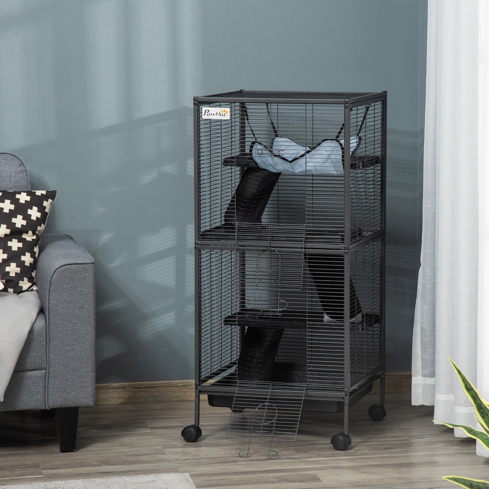 Caja de Metales Grande de 4 Niveles para Pequeños Animales con Hamaca, bandeja removible, espacio extra para ferretes y chinches, gris — imagen 5