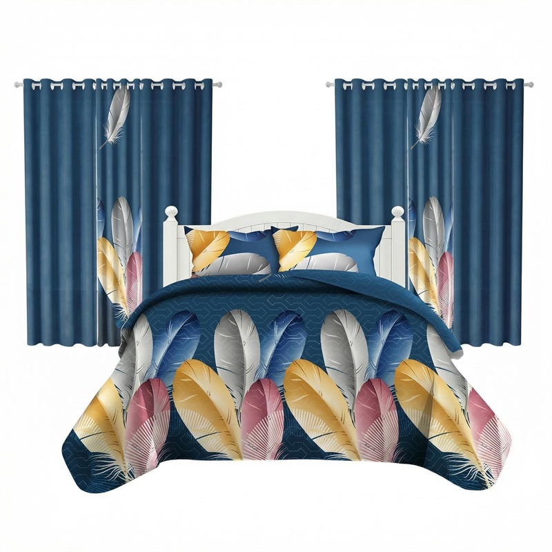 9 Piece Room In A Bag Quilt And Curtain Set, US Designer Navy Blue Boho Feather Print Heavyweight Bedspread With 6 Customizable Window Panels, Pet-Friendly High GSM Coverlet — image 1