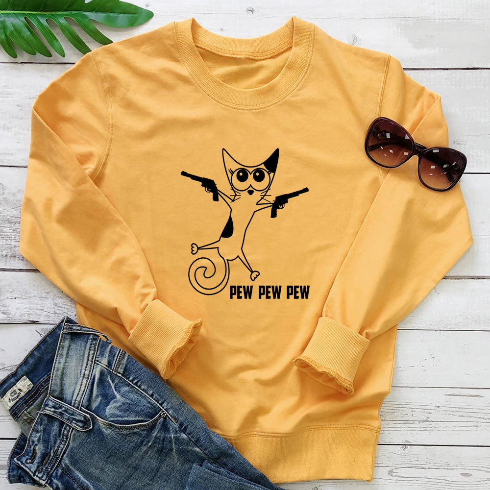 Cat print round neck hoodie with gun — image 2