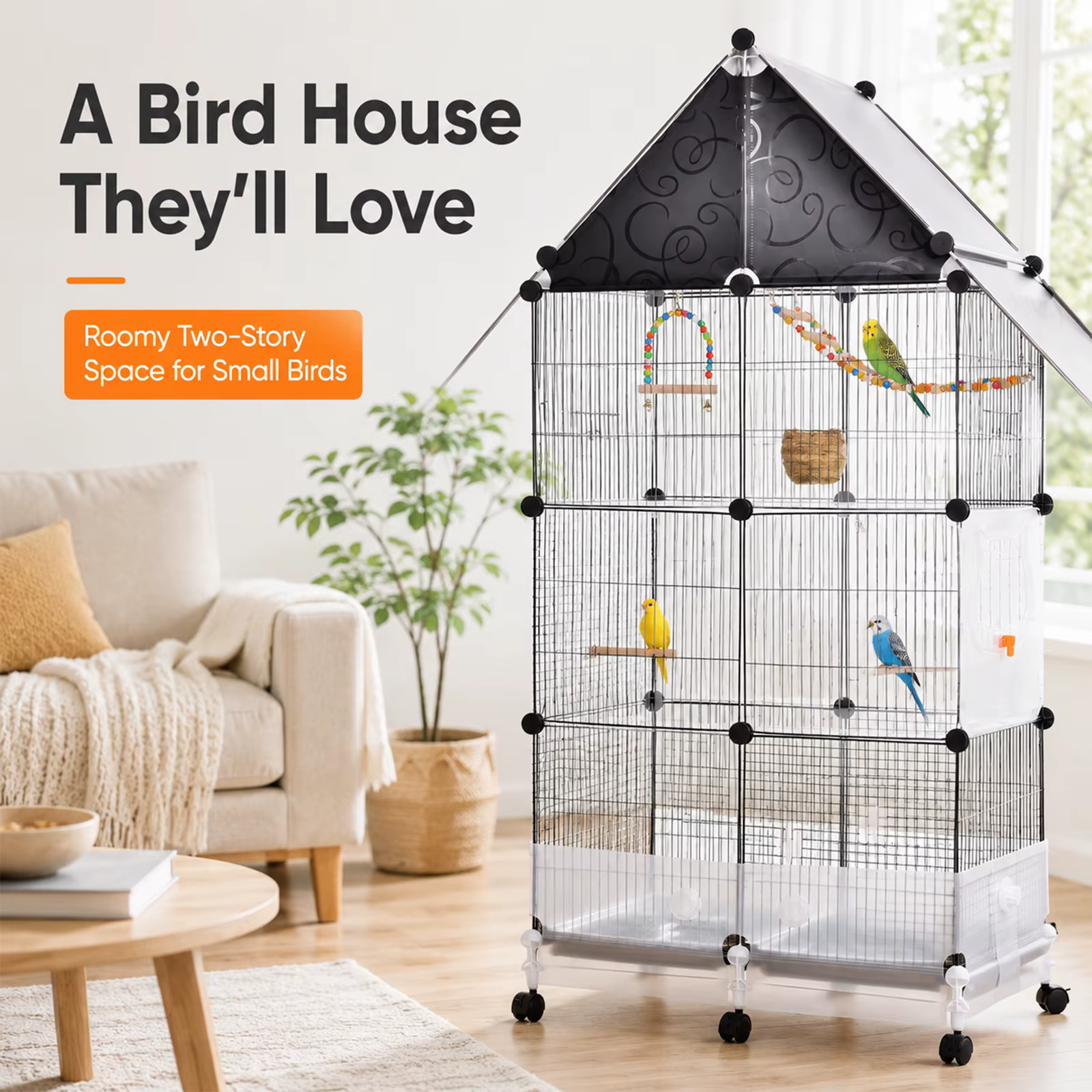 Cage para Conos con bandeja extraíble perchas comederos y 6 ruedas de rodadura estantes grandes para loros africanos, macaos, canarios, cacatúas, etc. — imagen 6