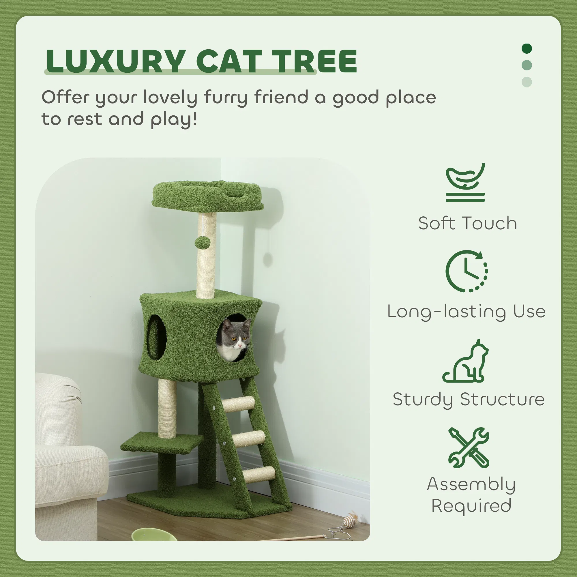 47" Tall Cat Tree Tower with Condo, Ladder, Scratching Posts and Hanging Ball, Green — image 3