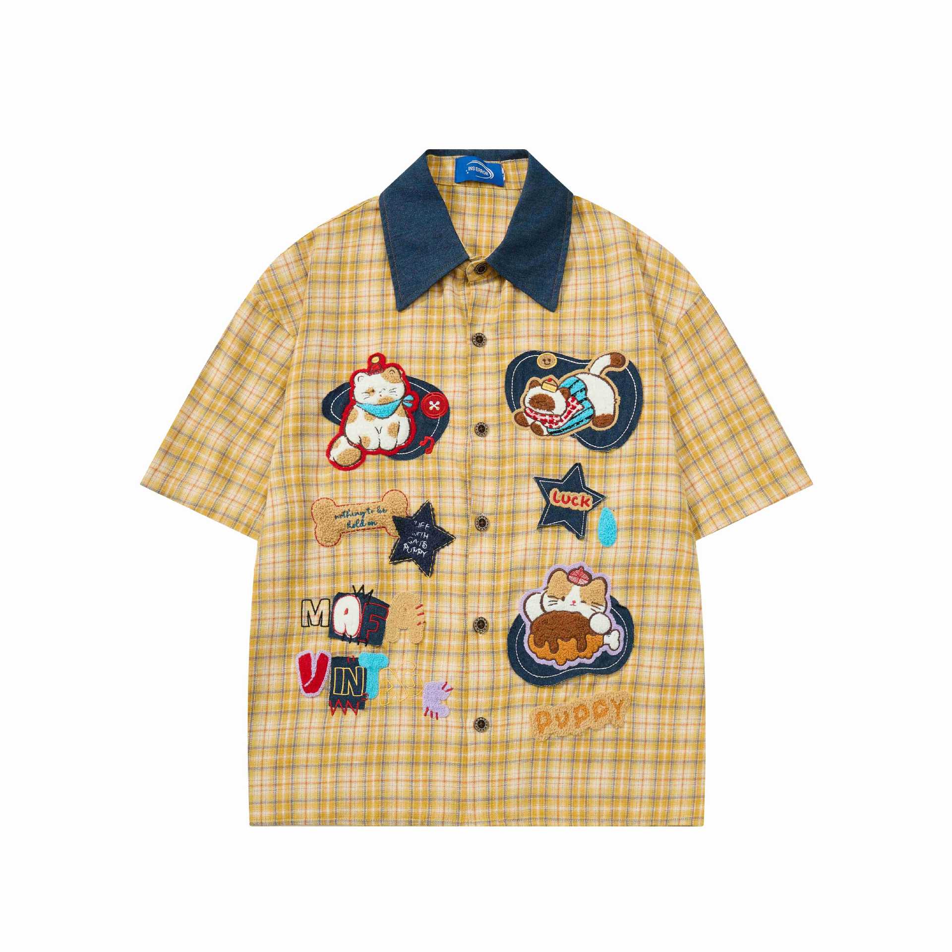 Camiseta de Corte Corto con Grid Amarillo y Brodería Felina — imagen 2