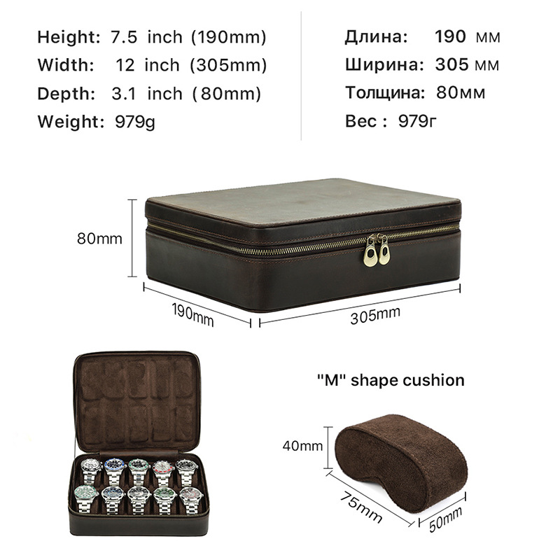 Rectangular Handmade Crazy Horse Leather Watch Box, 10-Slot Watch Display Organizer Travel Storage Case — image 3