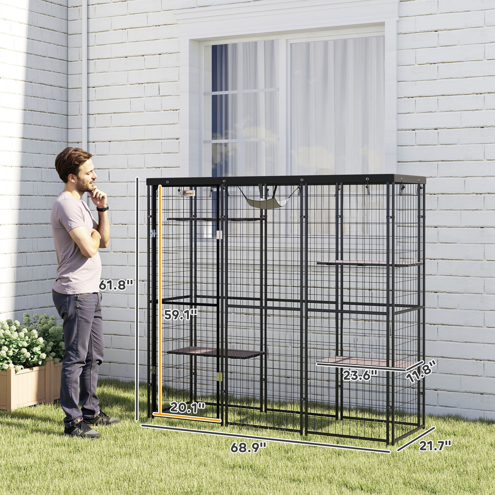 Weld Wire Catio Outdoor Indoor with Waterproof Cover, 4 Jumping Platforms, Hammock, for 1-3 Kittens, 69" x 22" x 62" — image 7