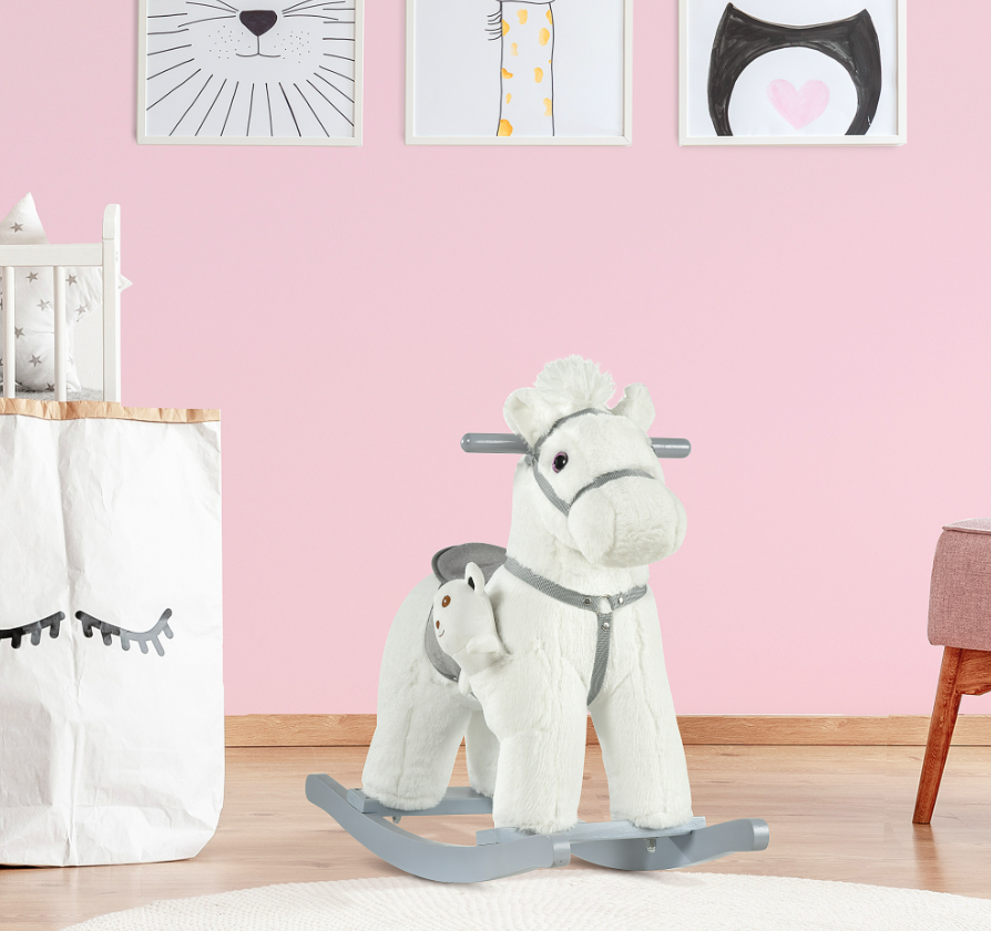 White Plush Rocking Horse With Bear Toy For Kids, Soft Sound Rocker, Ideal For Nursery Playtime — image 1