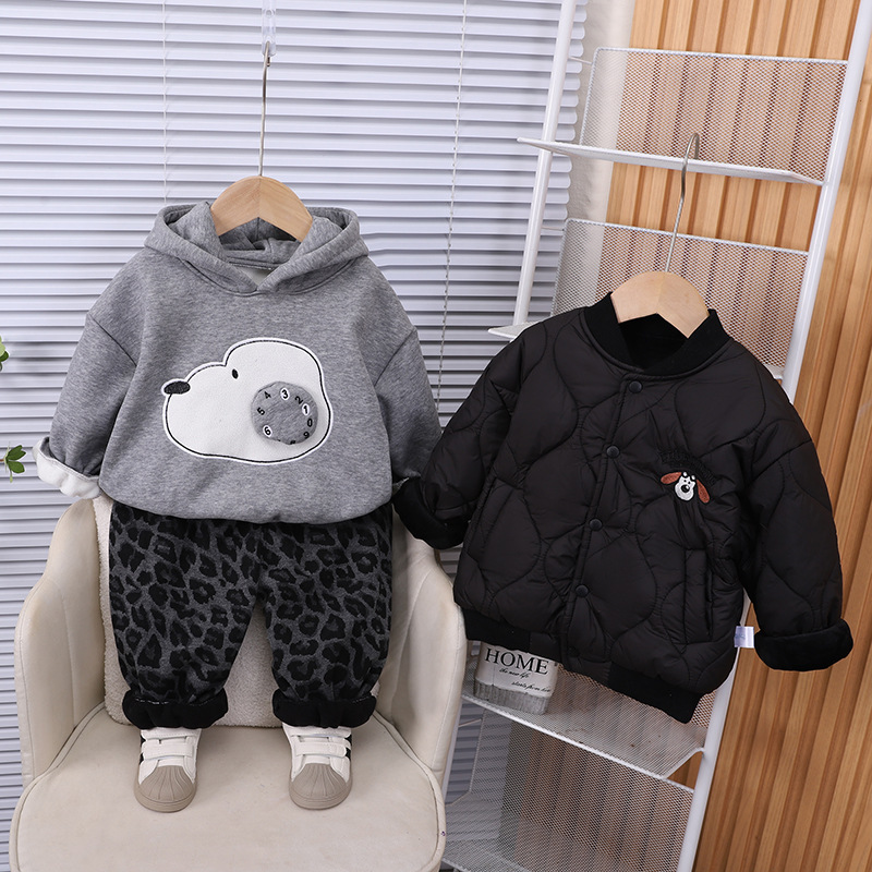 Boys' Winter Fleece-Lined Cotton Jacket Set, Fashionable Dog Print Thickened Warm Clothes, 3-Piece Kids Outfit — image 4