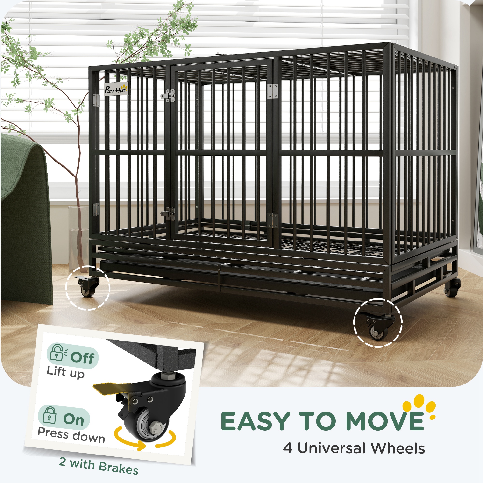 48" Heavy Duty Dog Crate Metal Cage Kennel With Lockable Wheels, Double Door And Removable Tray, Gray — imagen 2