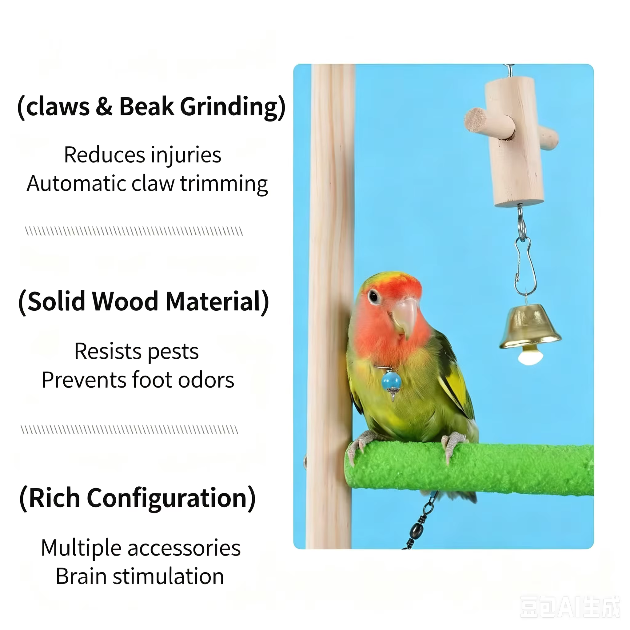 Solid Wood Parrot Playstand, All-in-One Bird Play Gym with Perch, Ladder & Swing, Wooden Playground for Small & Medium Pet Birds — image 2