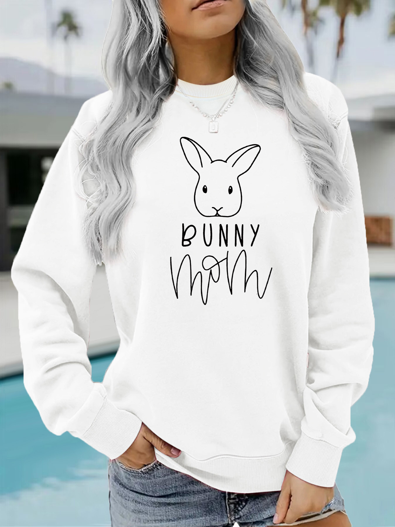 Rabbit and letter printed round neck fleece hoodie — image 7