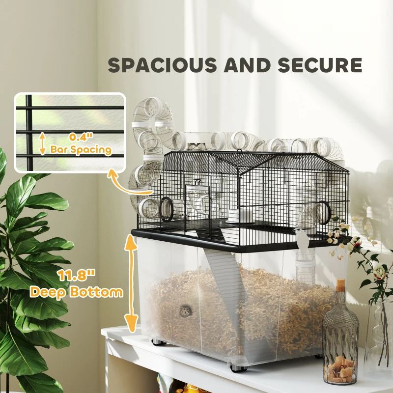2 Tier Hamster Cage With 12 Deep Tray, Tube System, Water Bottle, Ramp, Feeding Bowl, Black — imagen 6