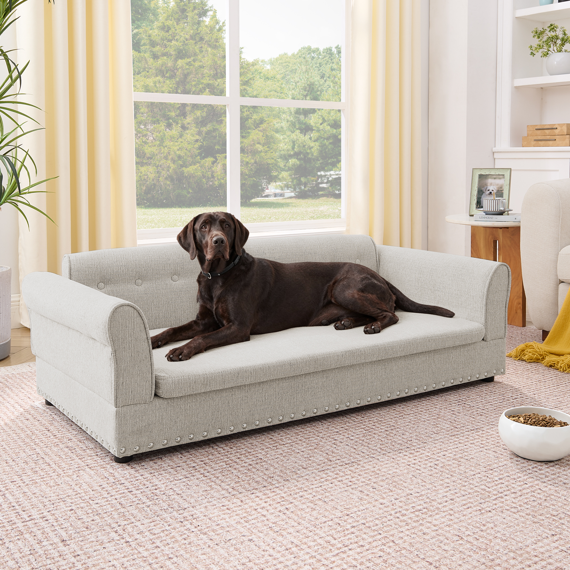 Silla de Sofá Grande para Mascotas, Estilo Moderno Elegante con Tela de Lino, Silla de Perro Elevada con Espaldar y Manijas para Canes Grandes - Beige — imagen 1