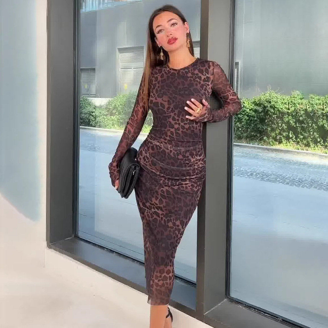 Lace-up Leopard Print Midi Dress with Round Neck, Fitted Waist Women's Dress — image 1