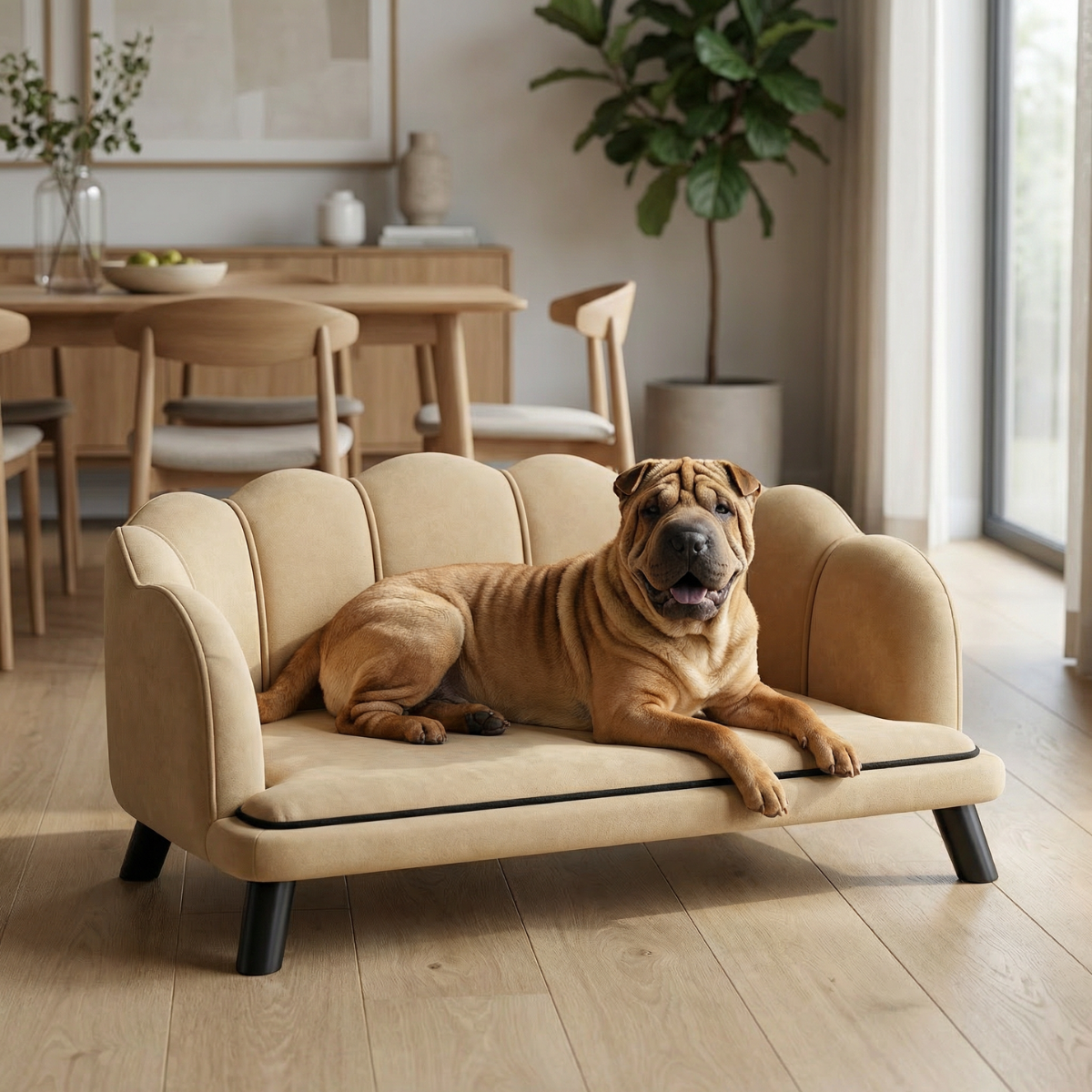 Sofá de Diseño de Perlas para Perros de Mediana y Gran Tamaño, Cama para Mascotas con Almohada y Patas de Madera Dura, Café — imagen 1