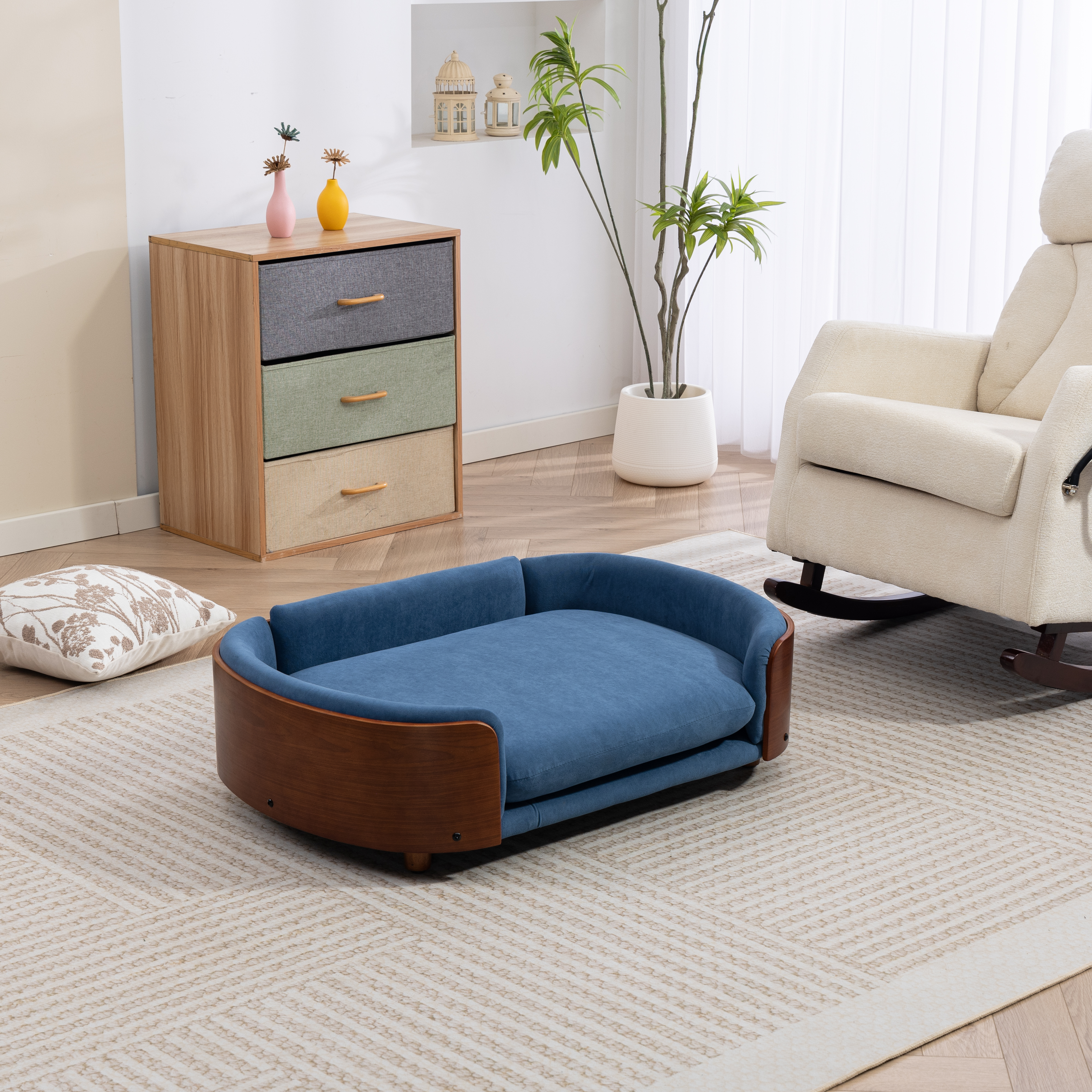 Sofá para Perros de Estilo Escandinavo con Piernas de Madera Sólida y Espalda de Madera Curvada de Roble, Almohadilla de Tela de Vellón, Gran Tamaño — imagen 21