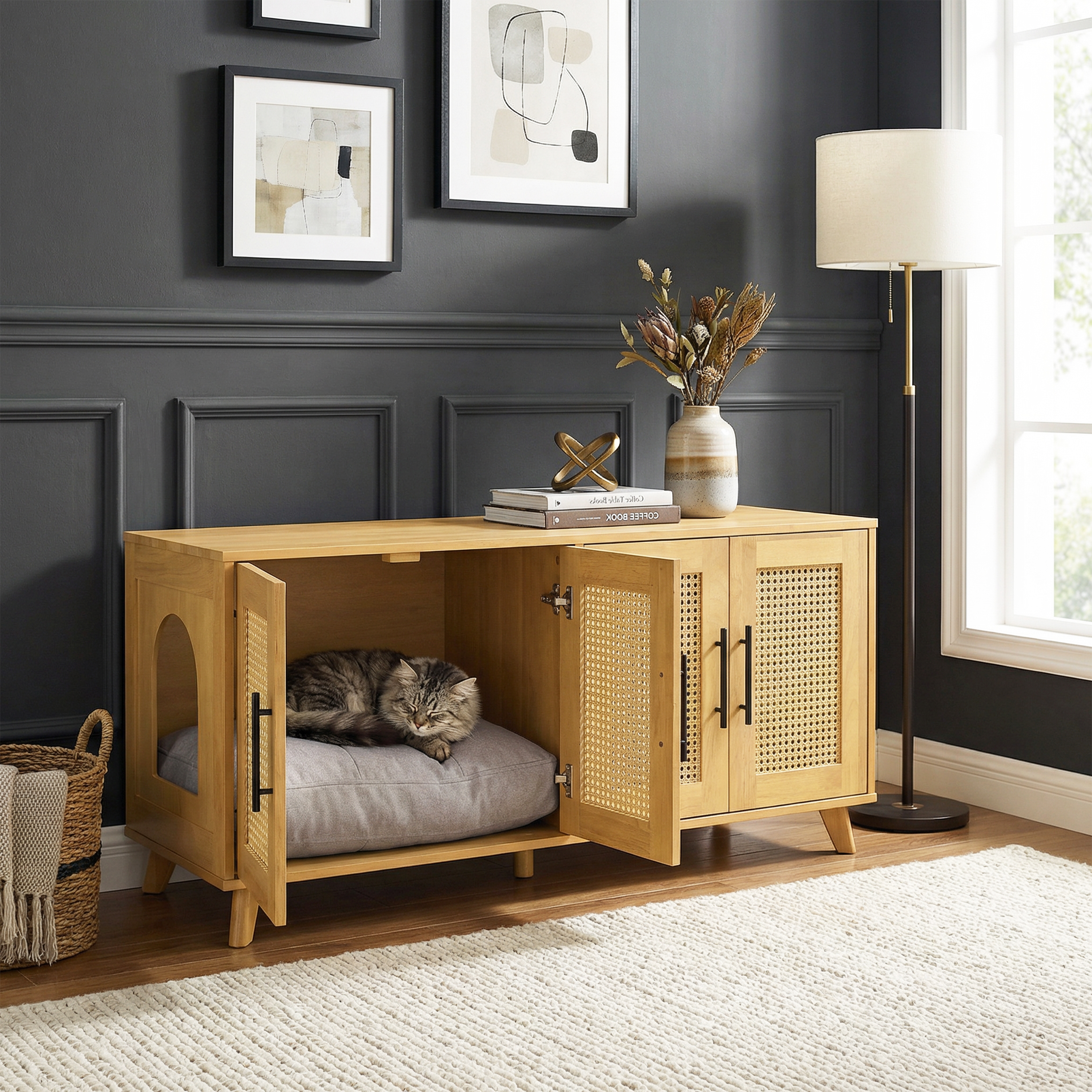 Gabinete de Interior Premium de Madera de Caucho Myra - Elegante Mobiliario Oculto para Gatos en Espacios Modernos — imagen 2