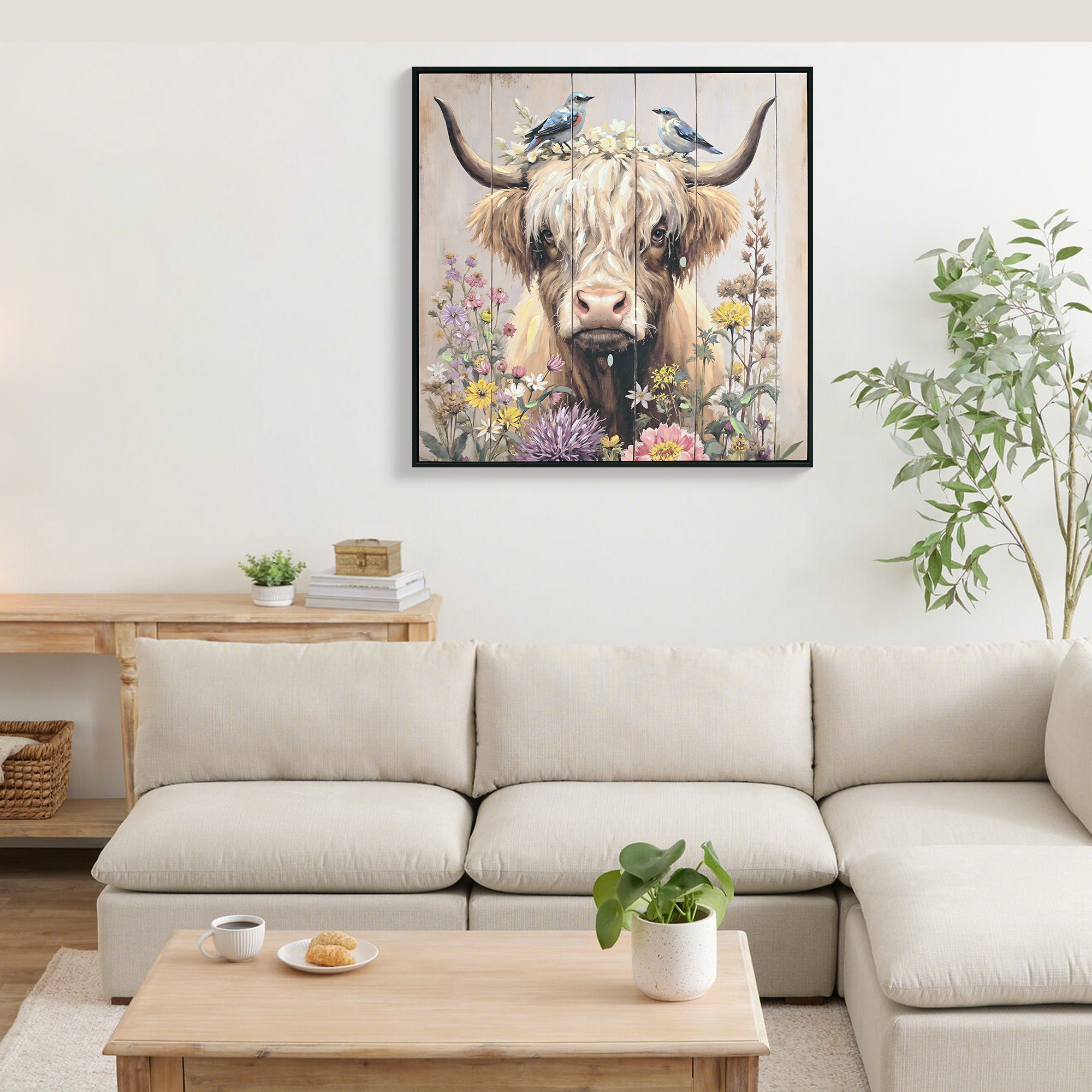 Farmhouse Highland Cow Wall Decor In Neutral Colour Rustic Cow And Chrysanthemum Picture Canvas Art Print, Gift For Bathroom Or Kitchen, Ideal Animal Artwork For Living Room 24x24INCH — image 1