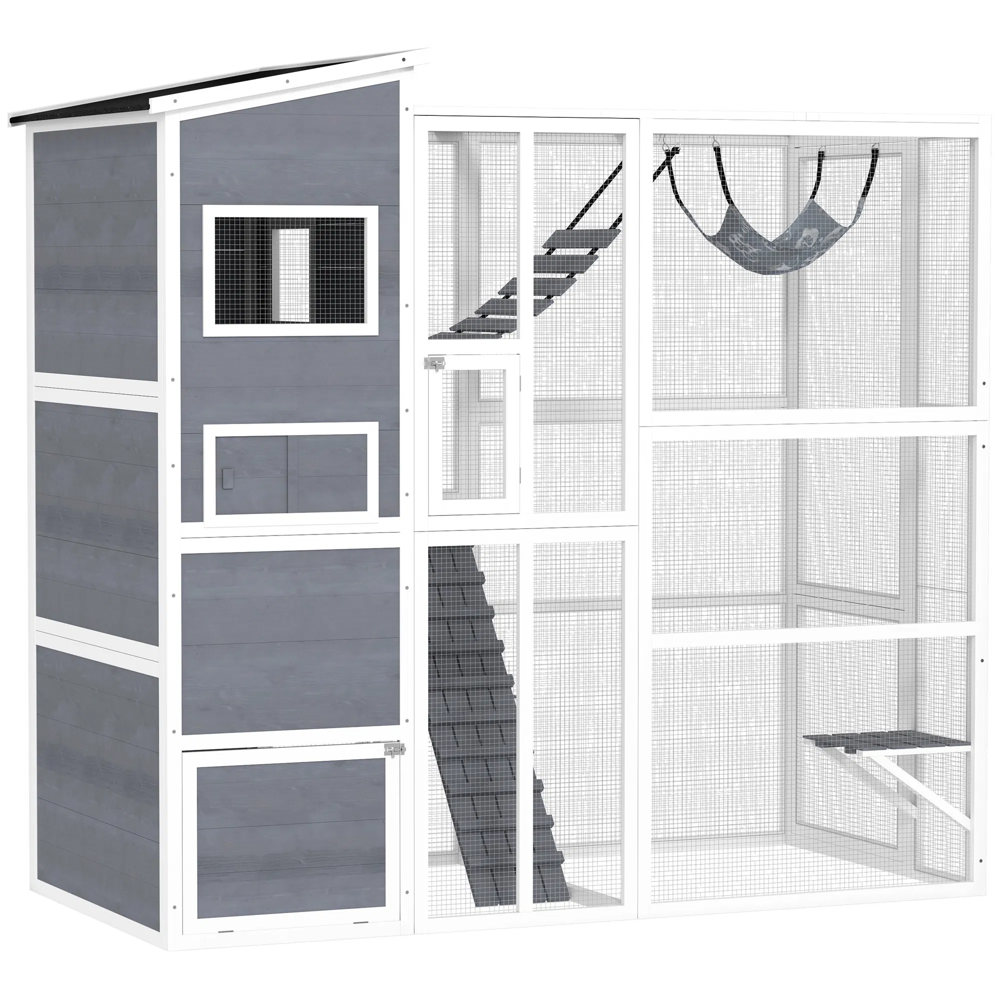 76" Catio Outdoor Cat Enclosure with Cat Condo, Jumping Platforms, Ladder, Ramps, Hammock for 2-3 Indoor Cats, Grey — image 1