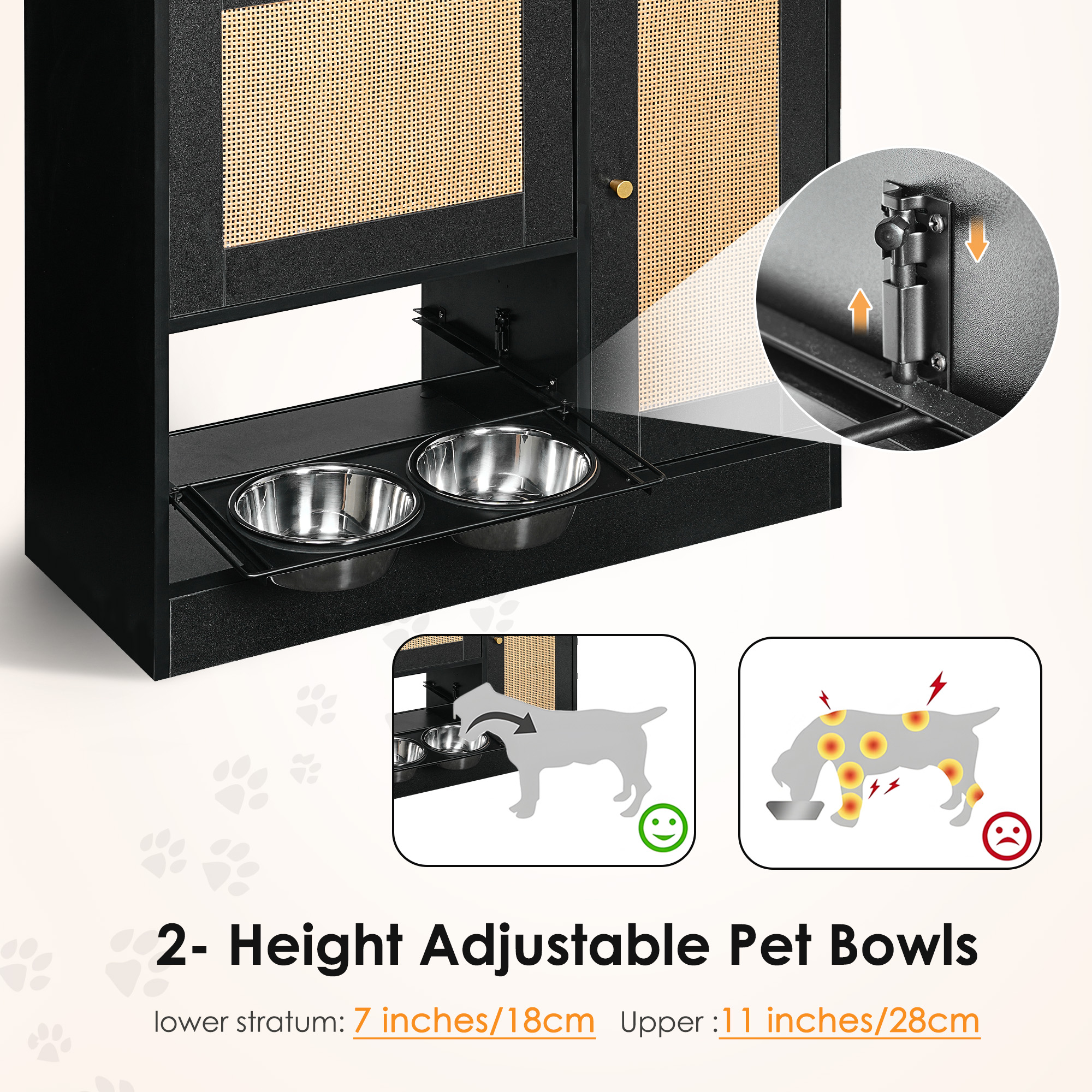 Feeding station with 2 lockers, pet feeding station with 2 elevated dog bowls, side hooks, anti-tipping kit, hidden pet feeding station for feeding and watering, rattan door, black — image 3