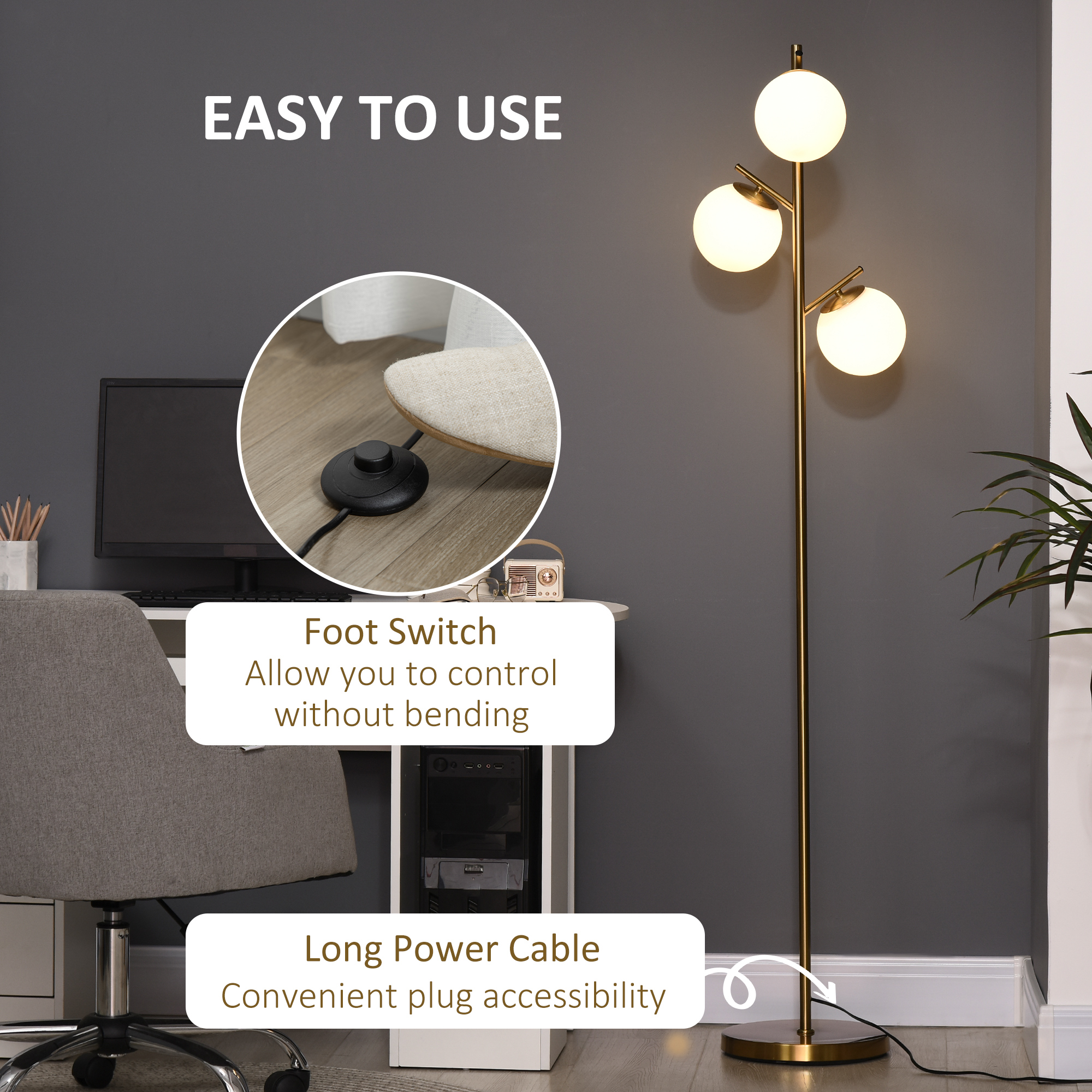 Modern 3-Light Floor Lamp for Living Room, Tree Standing Lamp with Globe Lampshades, 10.75"x10.75"x66.5", Gold — image 5