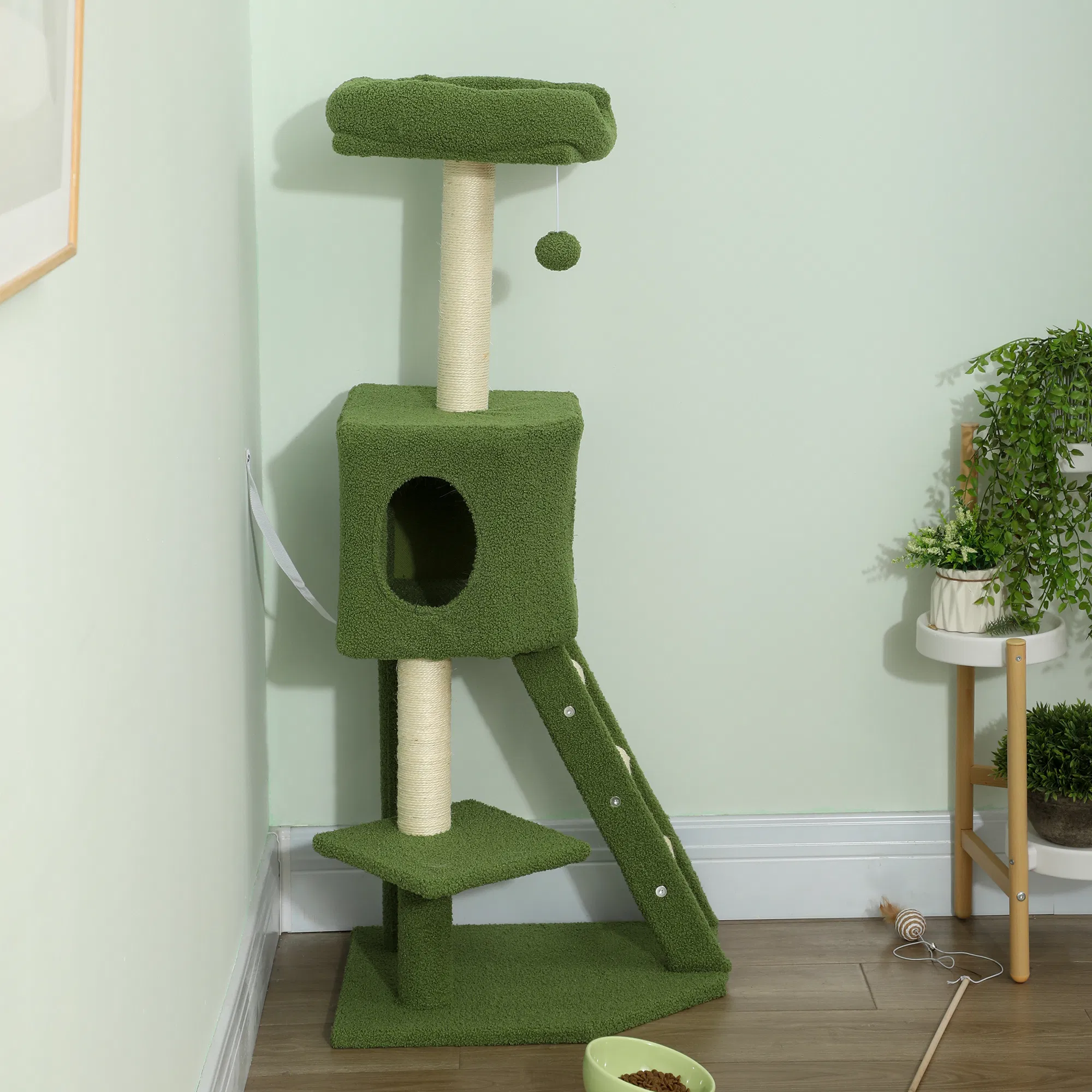 47" Tall Cat Tree Tower with Condo, Ladder, Scratching Posts and Hanging Ball, Green — image 2