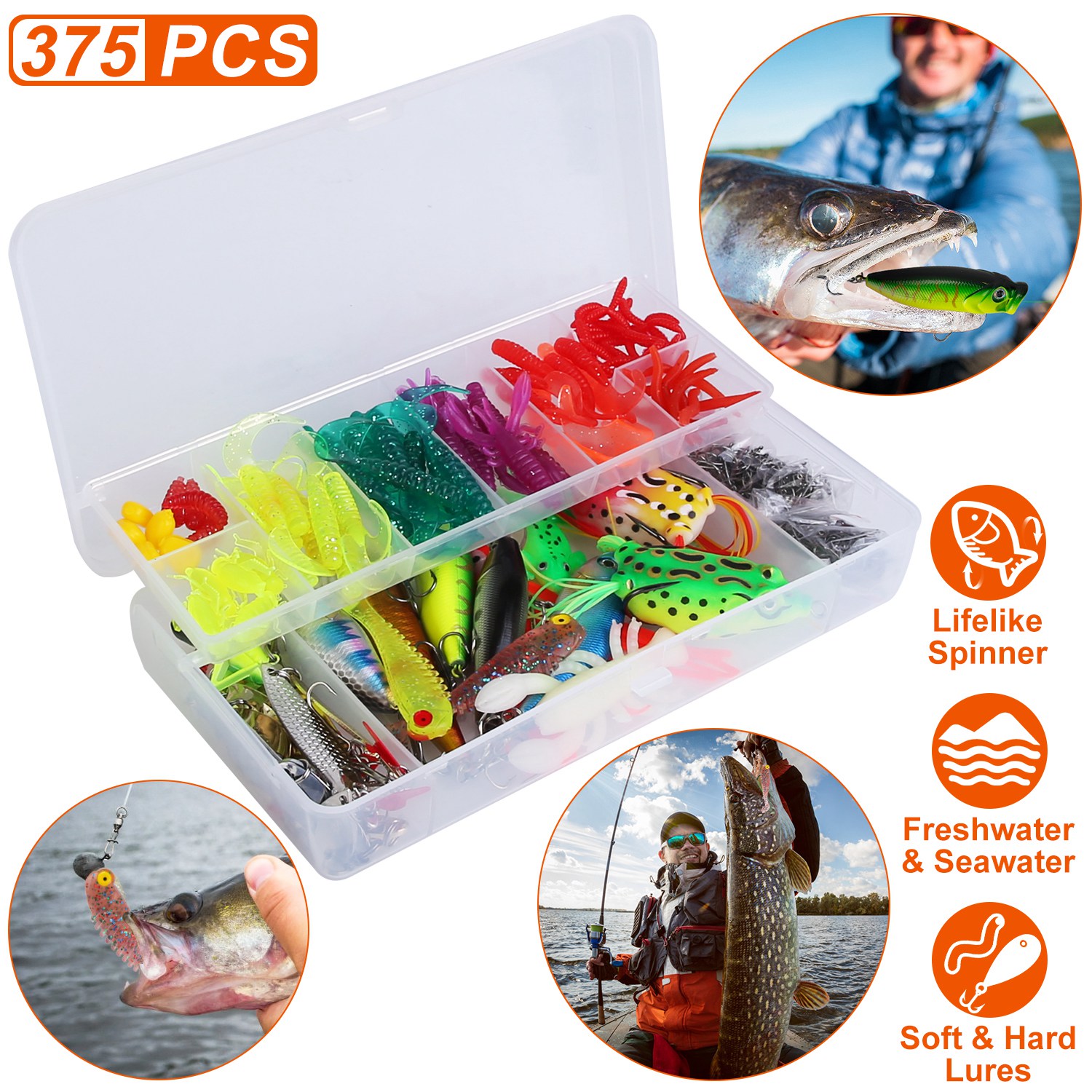 Set de 375 Piezas de Señuelos de Pesca y Caja de Aparejos, Kit de Señuelos para Agua Salada y Dulce, Poppers, Crankbaits, Grillos, Ranas y Señuelos Cuchara Realistas — imagen 11