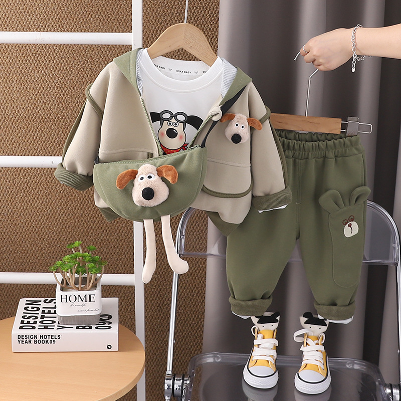 Toddler Kids Puppy Print Hooded Jacket Long Sleeve T-Shirt Pants Bag Set — image 8