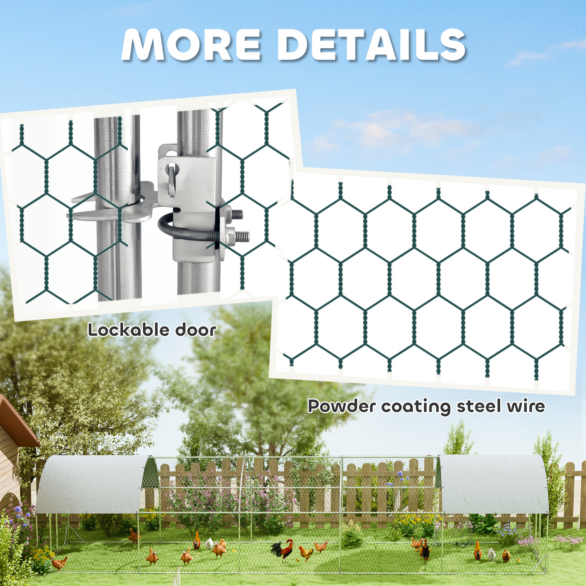Large Chicken Coop with Waterproof and Anti-UV Cover, Spire Shaped for Outdoor and Yard Farm Use, 9.8' x 32.8' x 6.4' — imagen 6