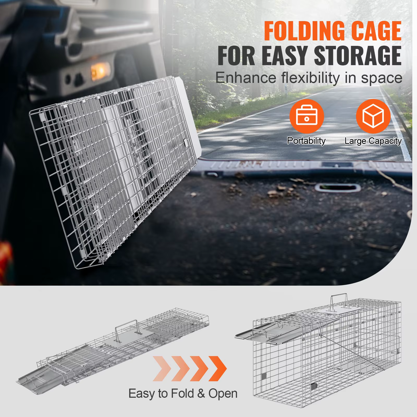 SucceBuy 24/31/42/50in Animal Cage Trap Folding Humane Cat Trap Galvanized Iron with Handle for Rabbits Squirrels Groundhogs — image 6