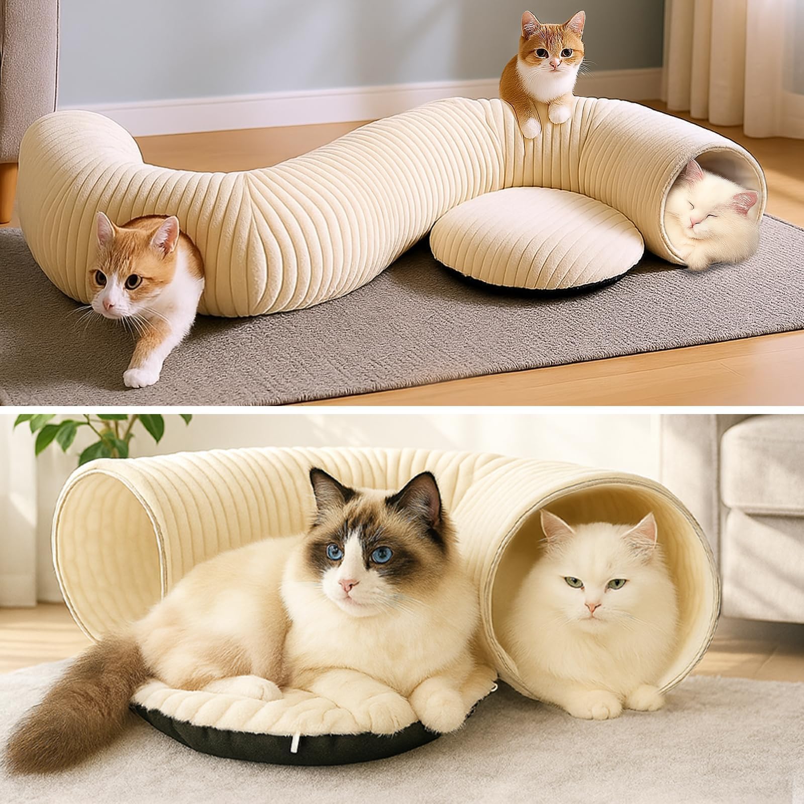 Cat Tunnel Bed With Interactive Cat Toys, Cat Tube With Kitten Toys For Indoor Kittens, Collapsible Play Tunnel, White — image 7