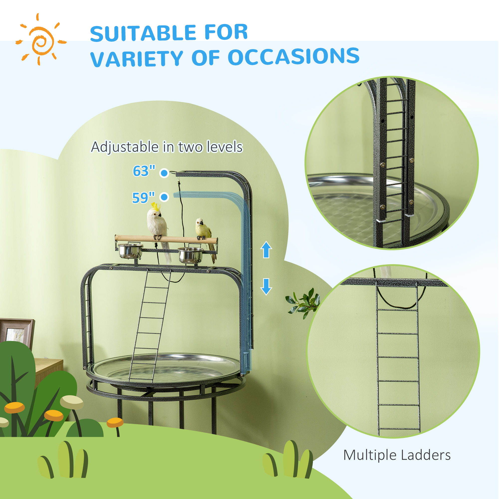 Parrot Stand Large Bird Perch Stand with Toy Hook & 3 Ladders, Parrot Perch, Bird Wooden Stand, Gray — image 7