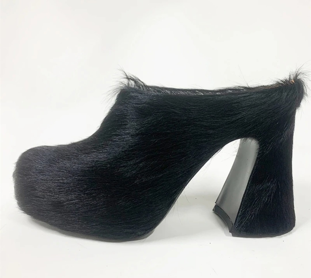 Round headed candy colored genuine leather horse hair with raised height inside casual lazy half slippers for women — image 8