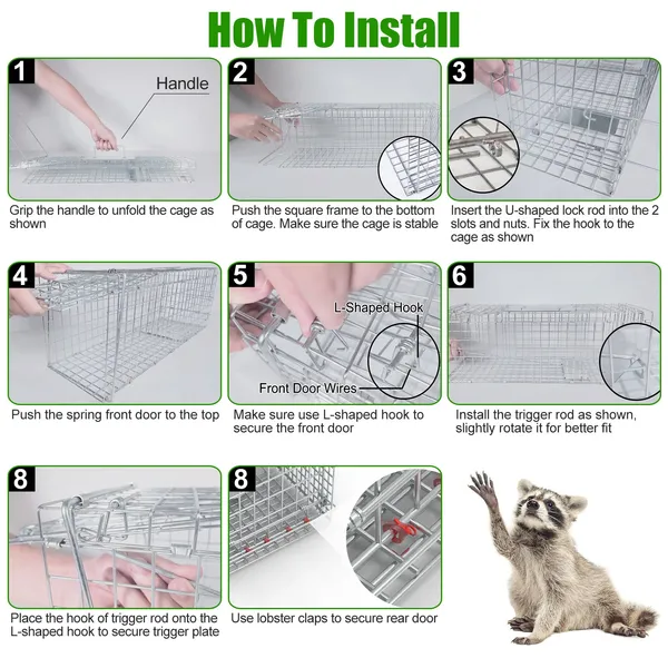 Humane Cat Trap Cage With Waterproof Cover Gloves Catch Release Live Animal Rodent Cage Collapsible Galvanized Wire For Raccoons Beavers Groundhogs Foxes Armadillos — imagen 3