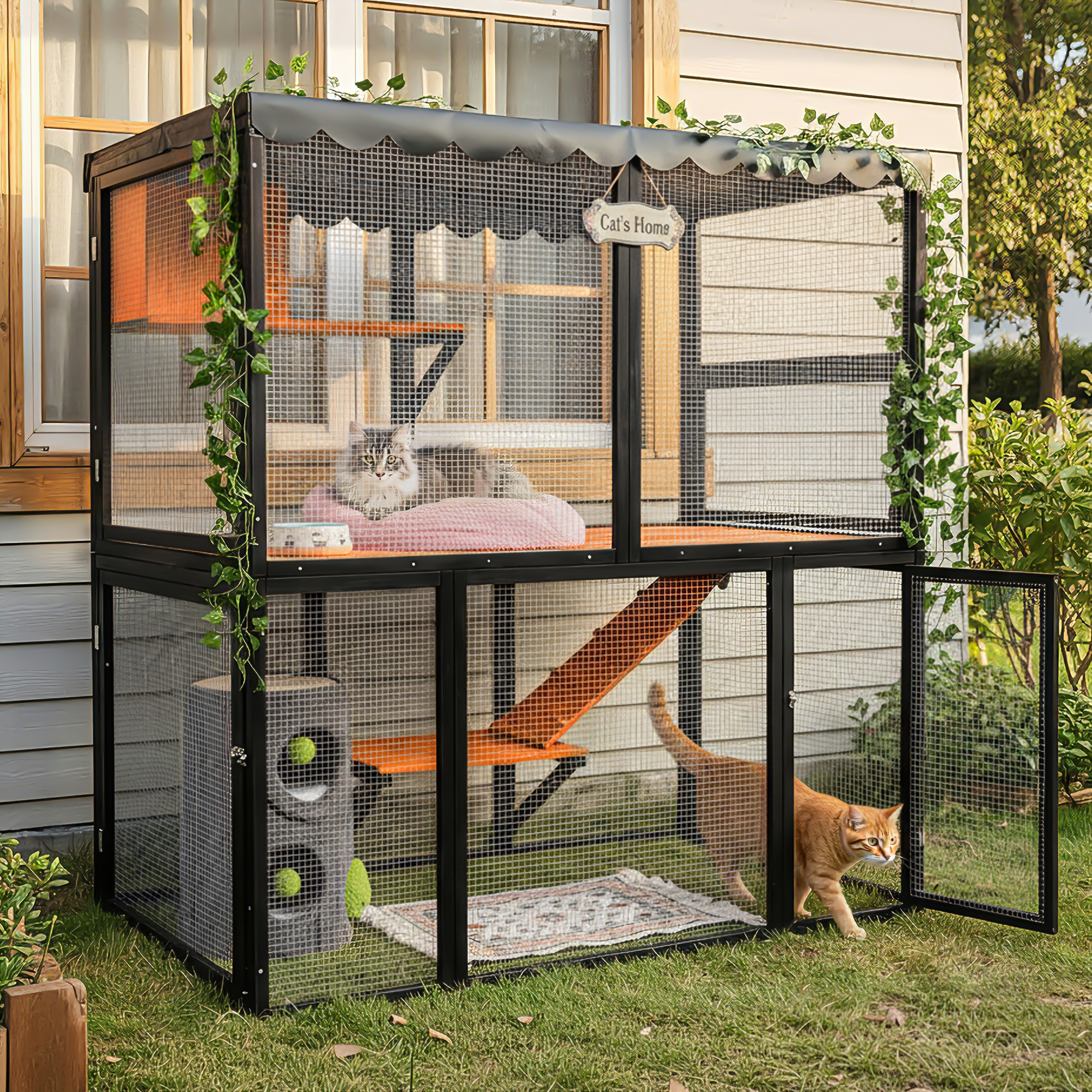 Catio de Madera para Gatos al Aire Libre - Casa Grande para Varios Gatos con Acceso Interior y Cubierta Impermeable 4 Niveles — imagen 5