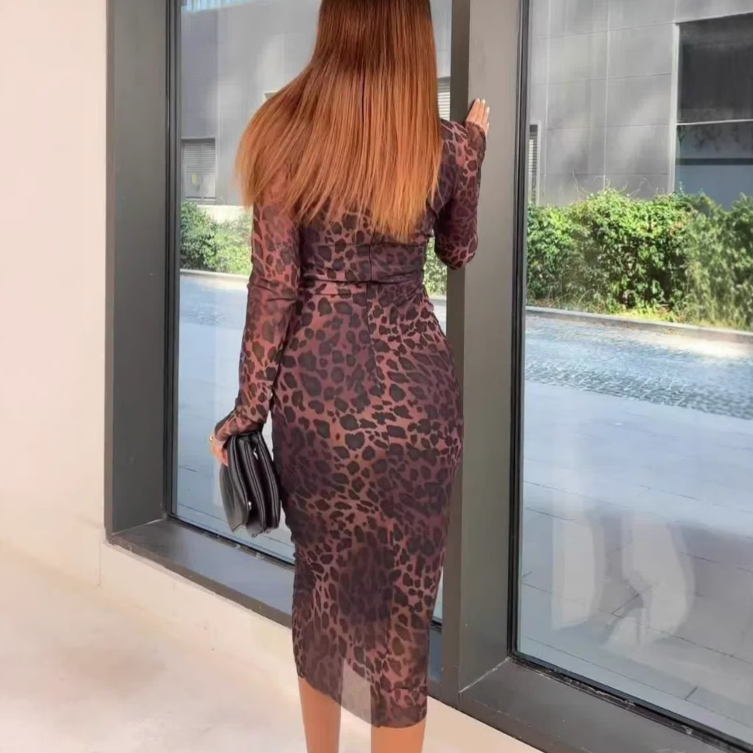 Lace-up Leopard Print Midi Dress with Round Neck, Fitted Waist Women's Dress — image 5