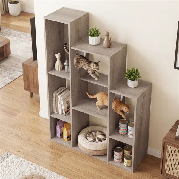 Librería para Gatos en Gray Oak, 8 Secciones de Almacenamiento Organizado y Plataformas de Escalada Múltiples — imagen 3