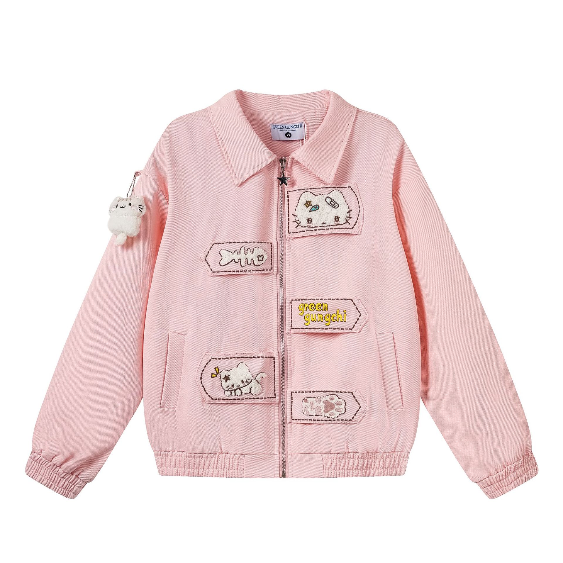 Cartoon Cat Patchwork Lapel Collar Loose Crop Workwear Jacket for Women — image 2