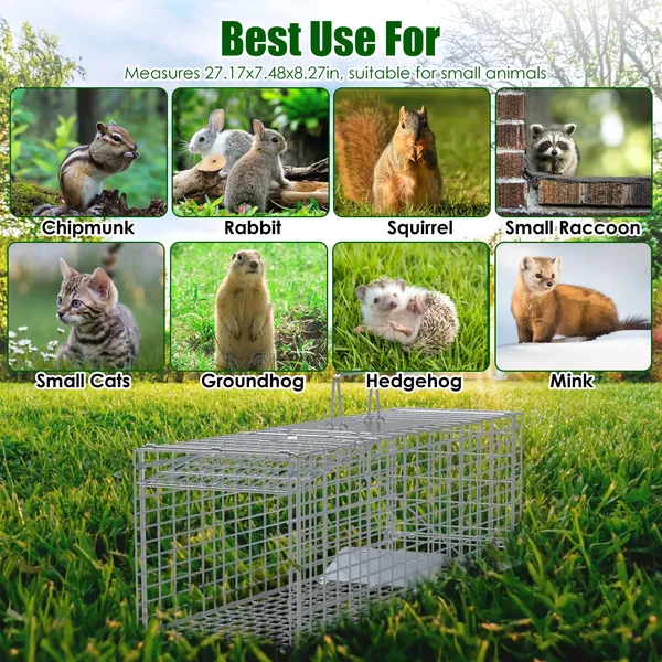 Live Animal Trap Cage 27x7.5x8in Folding Catch And Release Steel Humane Cat Trap For Racoons Stray Cats Rabbits Beavers Hedgehogs Chipmunk Small Animals — imagen 4