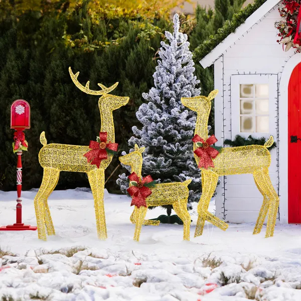 Set de 3 Piezas de Renos Navideños Iluminados para Decoración Exterior, Familia de Ciervos 2D Resistente a la Intemperie, Decoración Navideña con 200 Luces LED Blancas Cálidas Preinstaladas y Estacas, Dorado — imagen 15