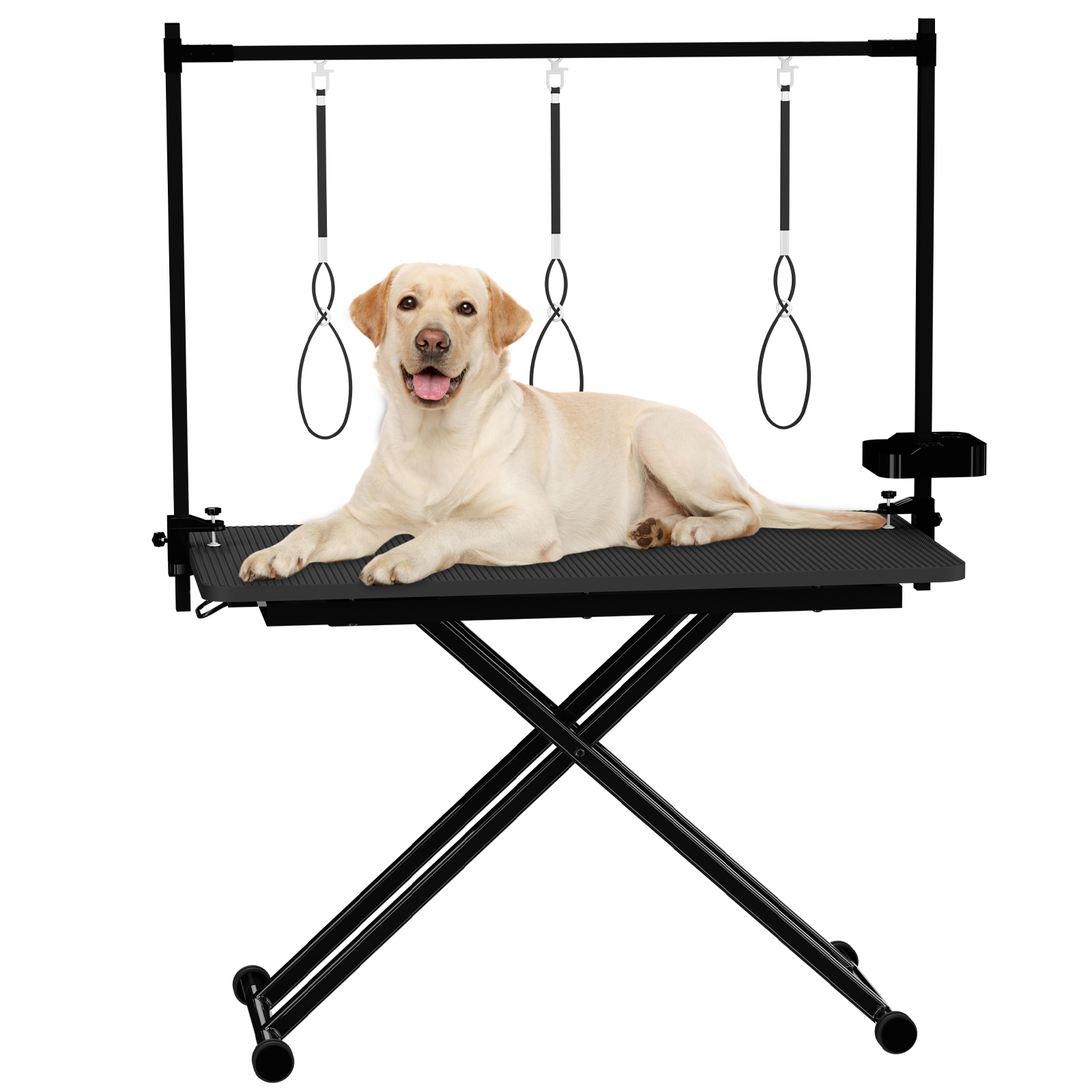 Mesa de aseo grande para perros de 47" en negro, mesa de aseo plegable X-Lift para perros en casa, brazos de altura ajustable, estación para mascotas con lazos de sujeción, organizador de herramientas — imagen 1