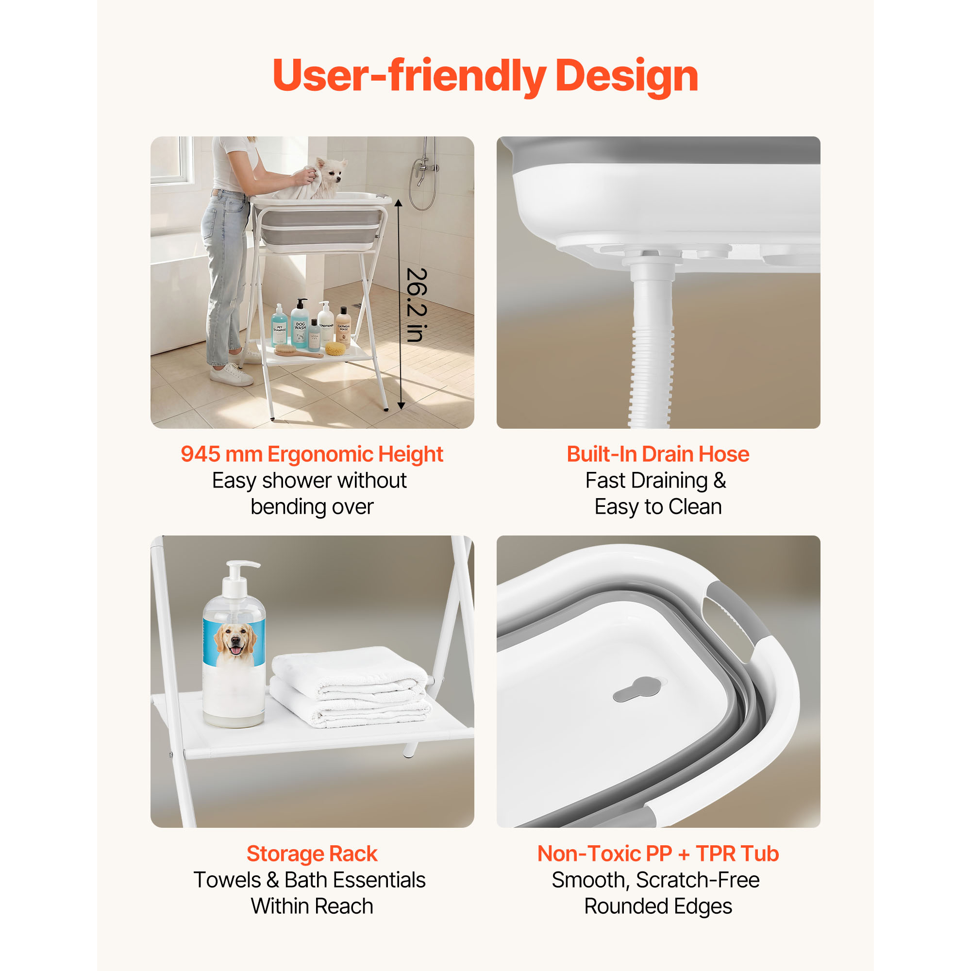Baño para Perros Elevado, Estación de Enjuague y Aseo 2 en 1 Portátil, Ducha para Mascotas Colgante con Desagüe Integrado y Manguera de Drainingo para Pequeños Animales Domésticos, Gris y Blanco — imagen 3