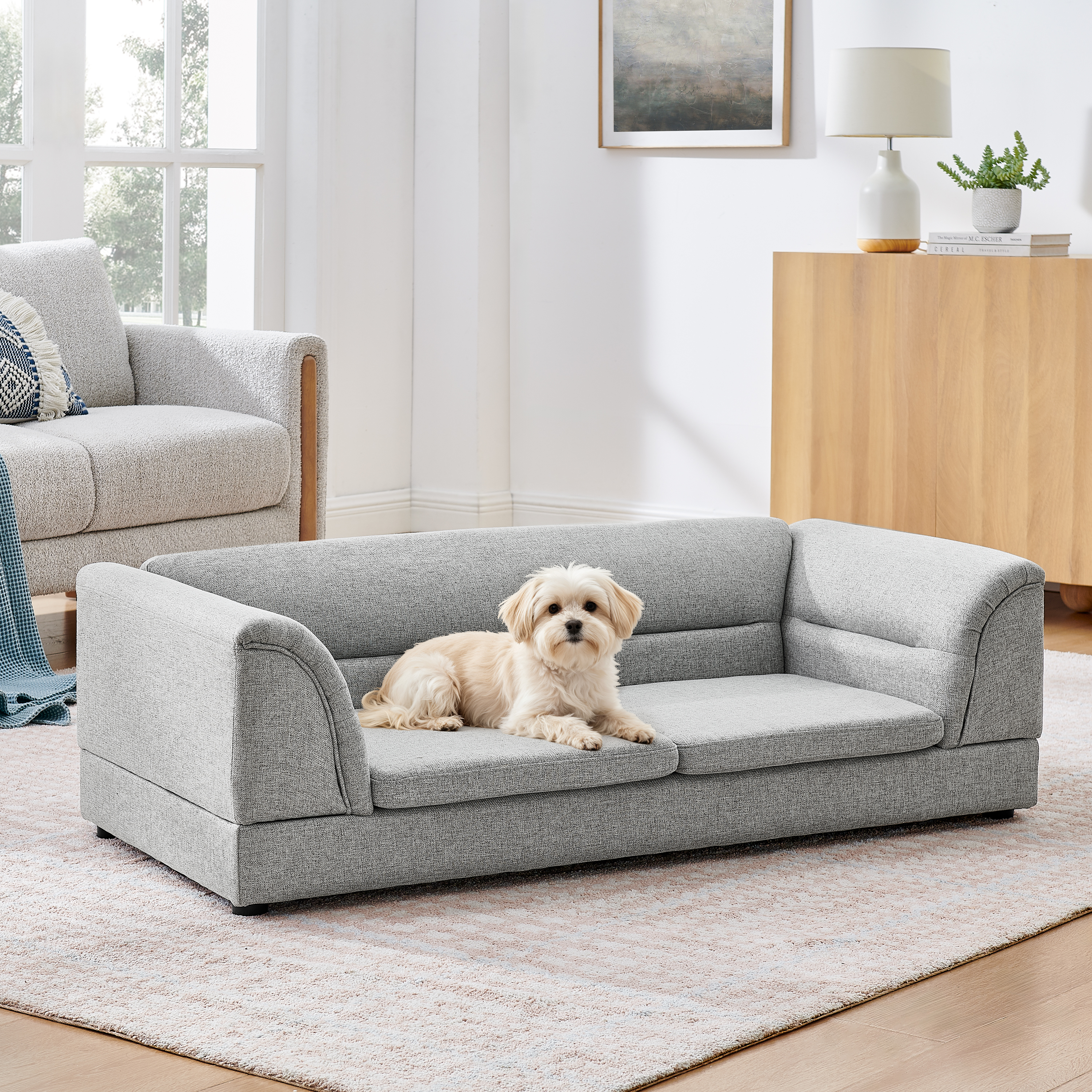 Silla de Comodidad para Mascotas Grande, Sofá Rectangular con Brazo Curvo en Tela de Lino para Perros Grandes - GRIS CLARO X — imagen 4
