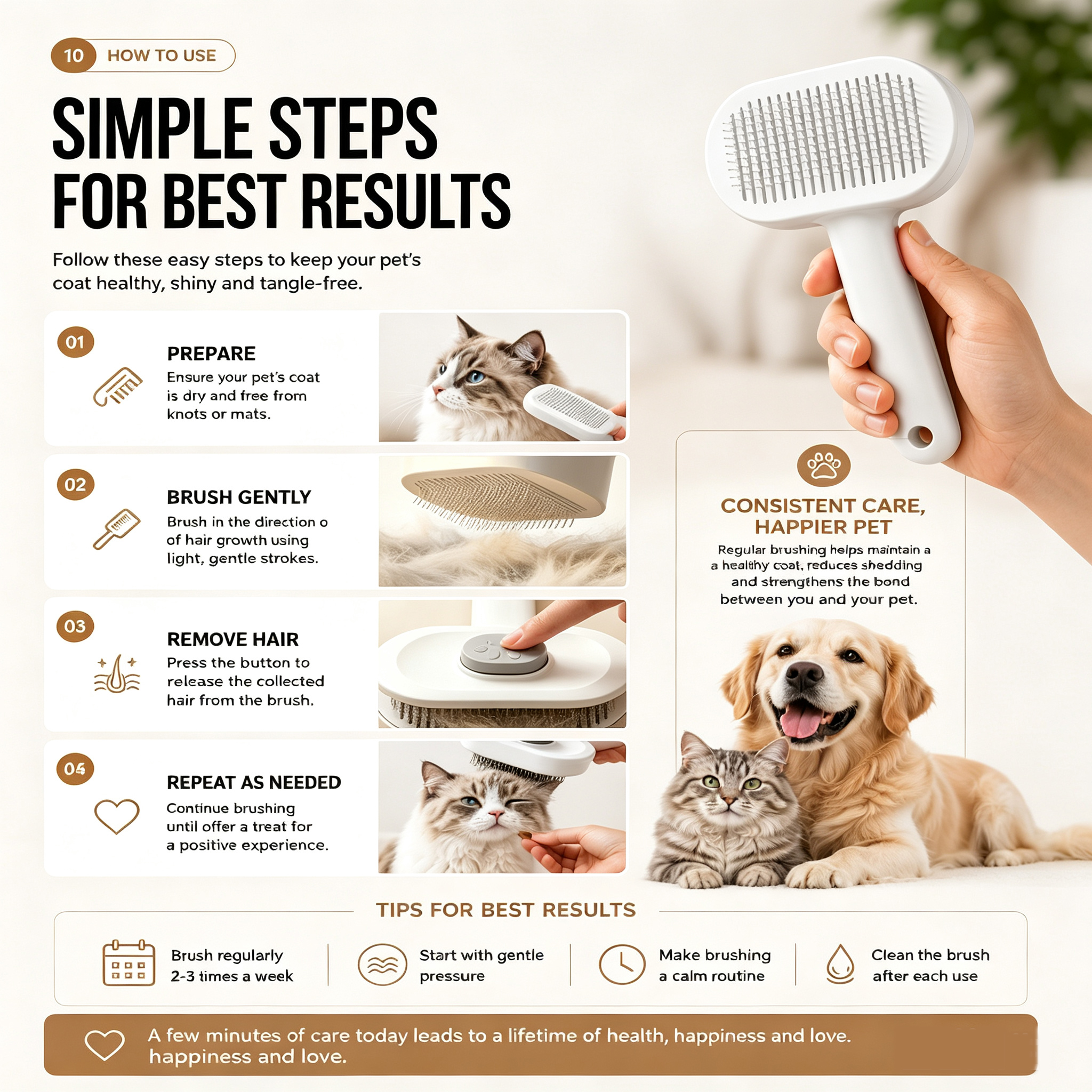 Pulidora de Grooming para Mascotas: Cepillo Auto-Limpio con Un Botón Para Eliminar Pelo, Herramienta Suave para Desprender y Cuidado Capilar — imagen 13