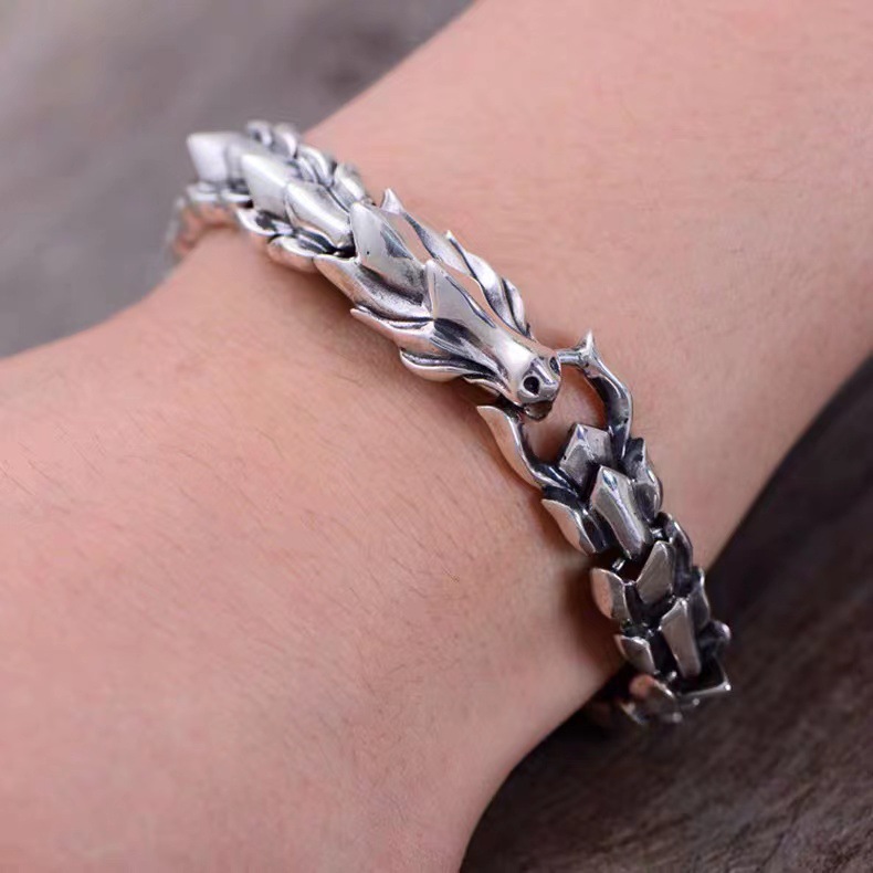 925 Silver-Plated Retro Dragon Head Keel Bracelet Hip-Hop Domineering Exaggerated Punk Hand Jewelry — image 3