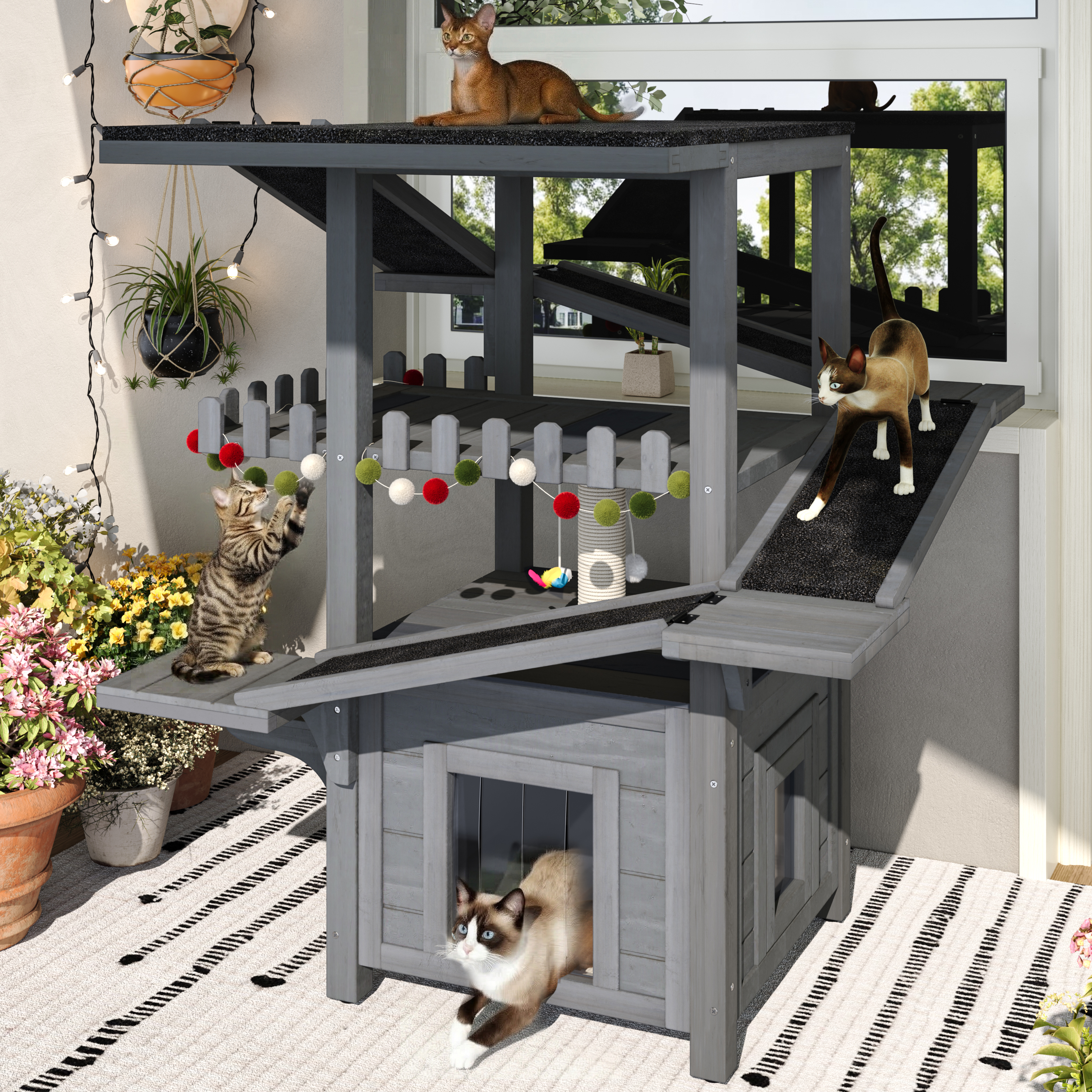 Casa para Gatos de Exterior de 4 Niveles, Torre para Gatos Resistente a la Intemperie con Techo Impermeable y 2 Puertas, Refugio para Gatos Callejeros al Aire Libre, Zonas de Juego de Varios Niveles con Balcón, Para Animales Pequeños, Gris — imagen 1