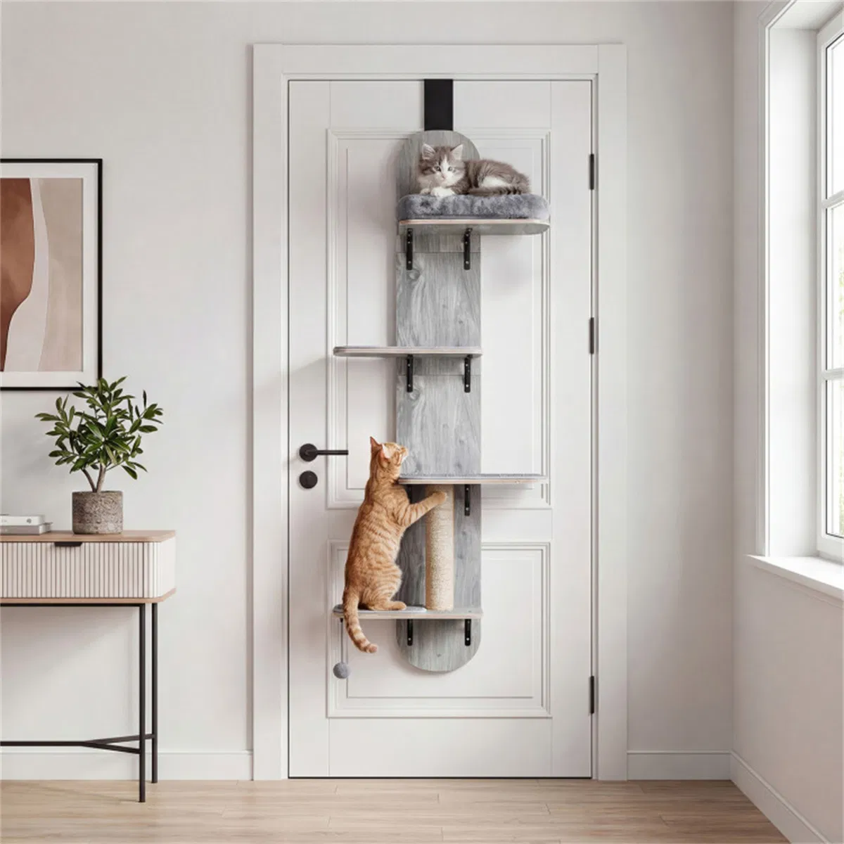 Door Hanging Cat Tree 5-Level Height Adjustable 4-Tier Climber No-Drill for Apartment Grey — image 4