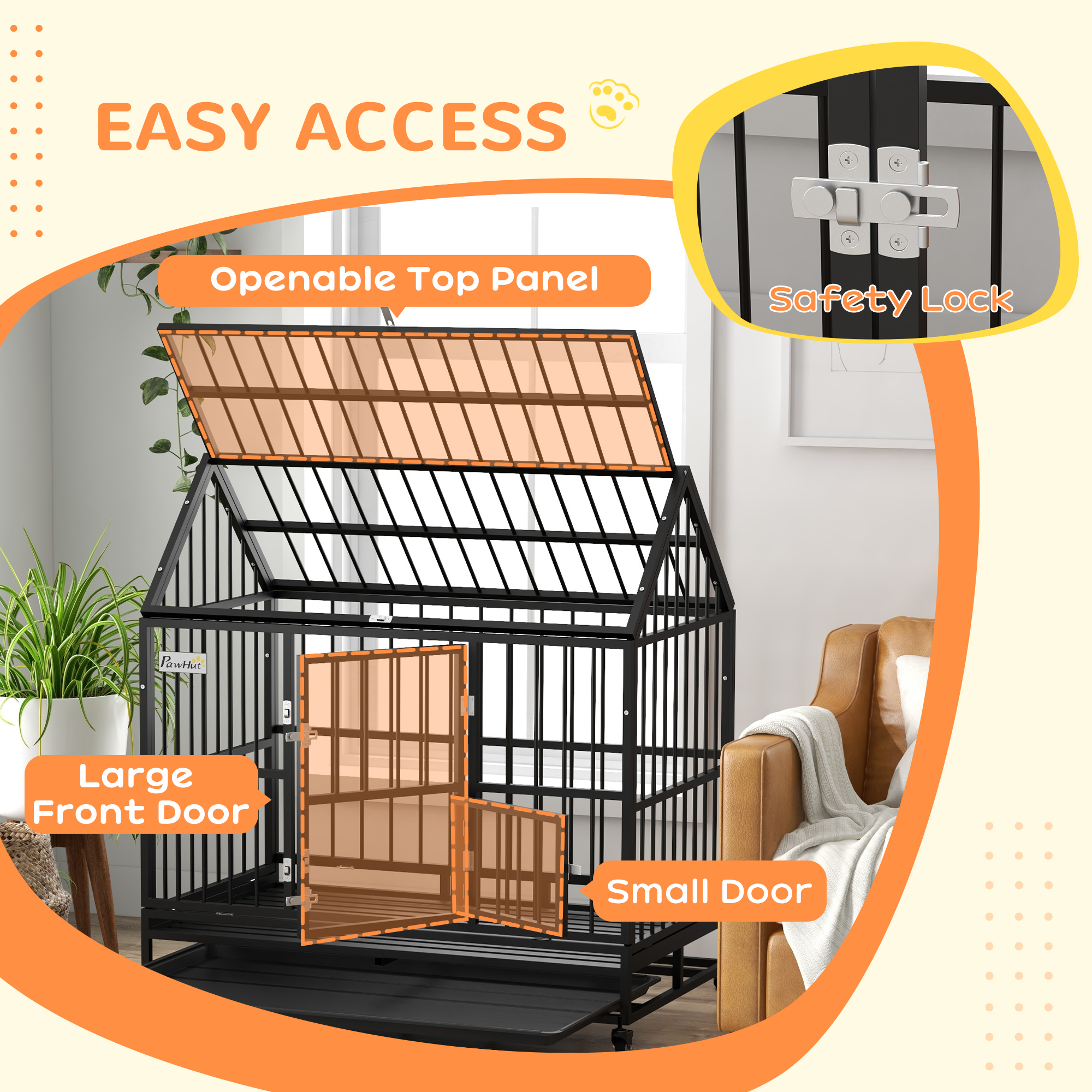 48" Heavy Duty Dog Crate with 4 Lockable Wheels, Double Doors, and Removable Tray, for XL and L Dogs — imagen 6
