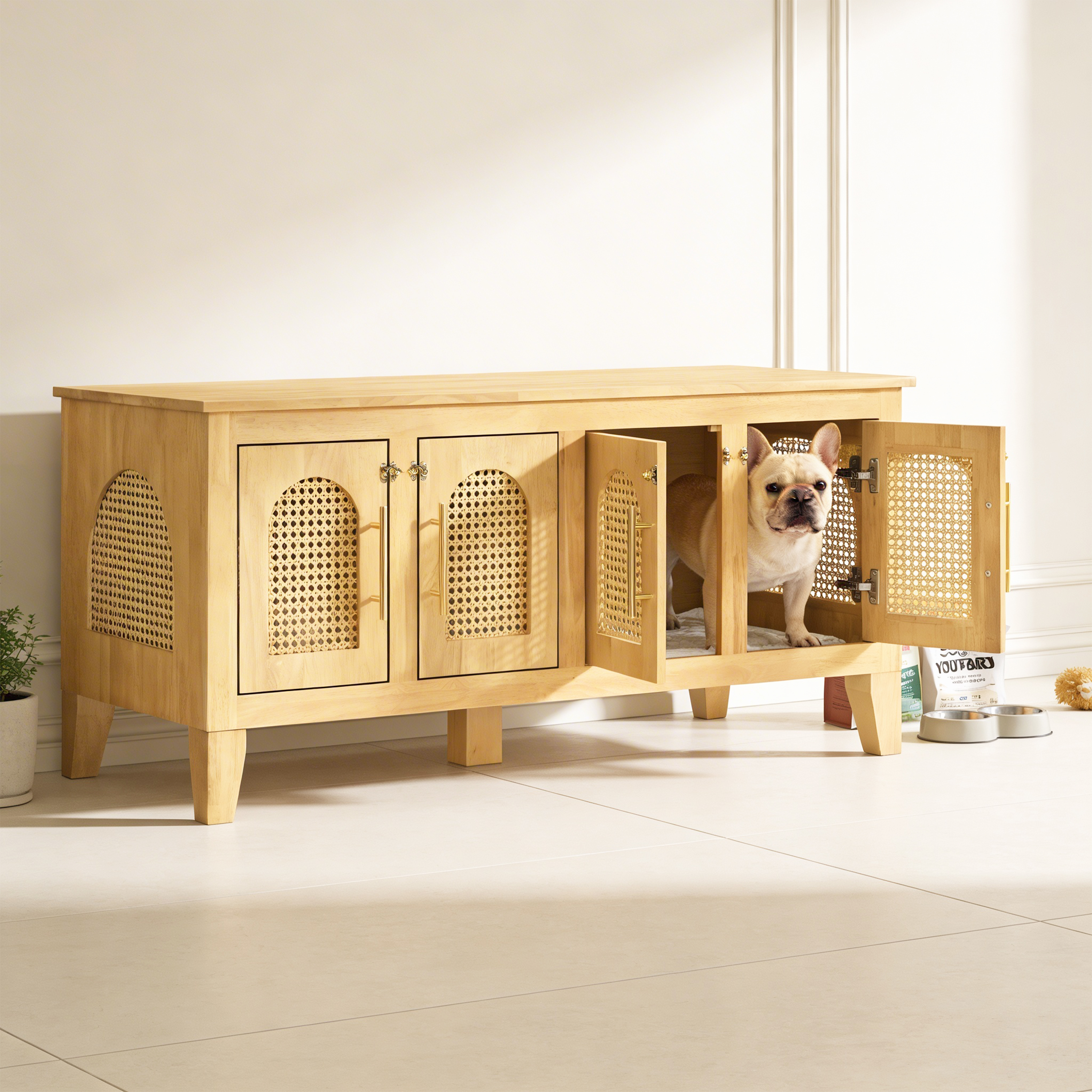 Lars Caja de Decoración para Perros en Madera de Caoba con Rattán - Estilo Pet Kennel con Almacenamiento y 4 Puertas para Salón — imagen 2