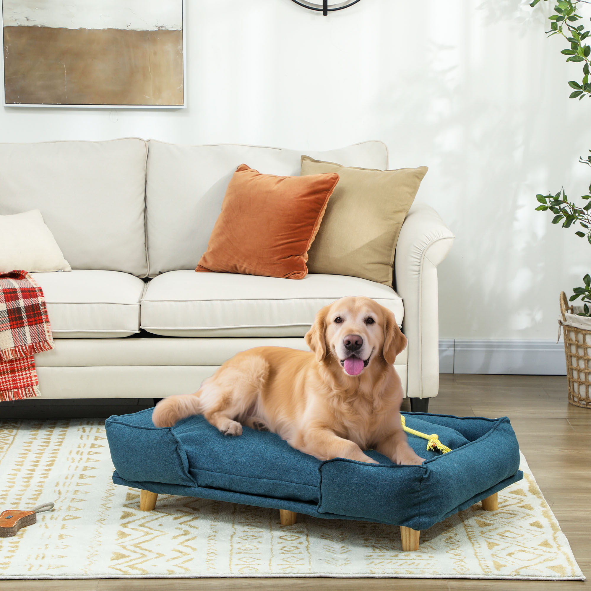 Silla de Perro Elevada con Almohadilla Cómoda, Patas de Madera de Pino, Piezas Antideslizantes para Perros Grandes Uso Interior Azul Oscuro — imagen 7