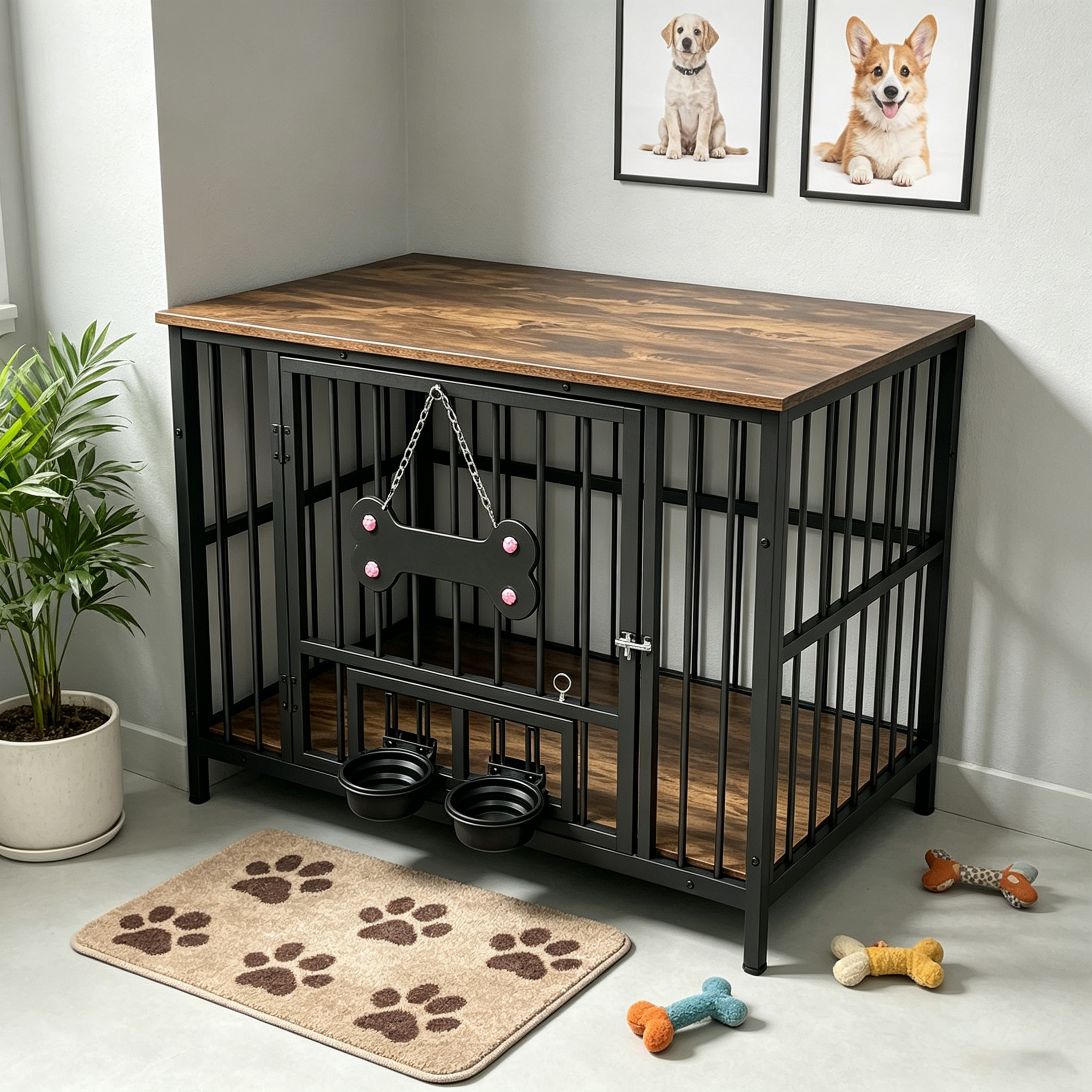 Caja de perro en madera antigua con borde de grano de madera, tazón giratorio 360° con material suave de silicona de seguridad grado — imagen 10